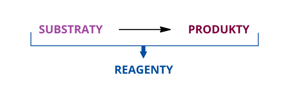 Na ilustracji przedstawiono następujący schemat: Substraty (zapisane kolorem fioletowym) czarna strzałka w prawo Produkty (zapisane kolorem bordowym). Całość objęta jest od dołu niebieską ramką ze strzałką w dół, prowadzącą do niebieskiego napisu: Reagenty.