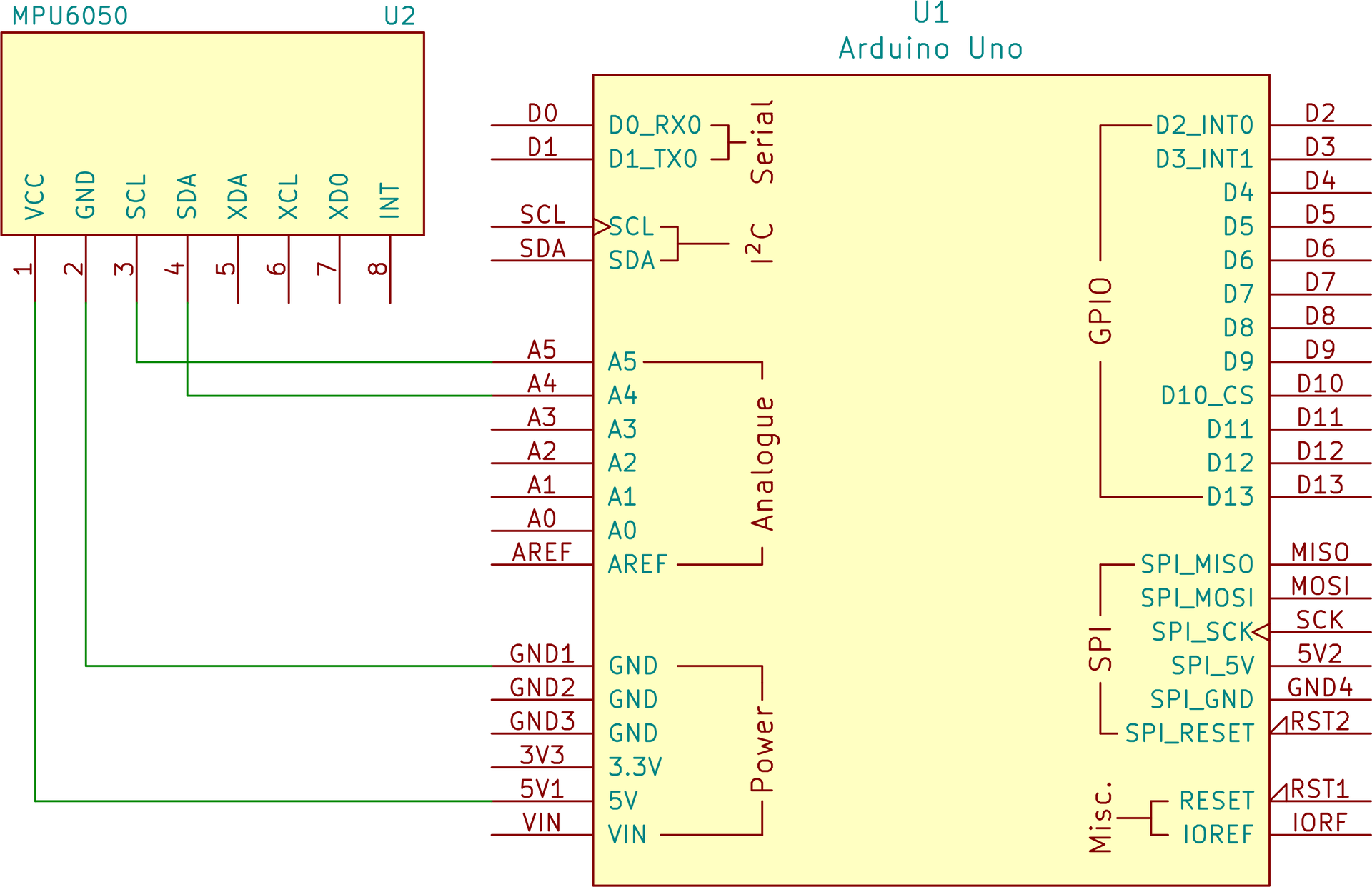 Ilustracja przedstawia schemat elektryczny połączeń arduino uno i modułu akcelerometru. Piny podłączone od modułu do arduino to VCC do 5V, GND do GND, SCL do A5 oraz SDA do A4.