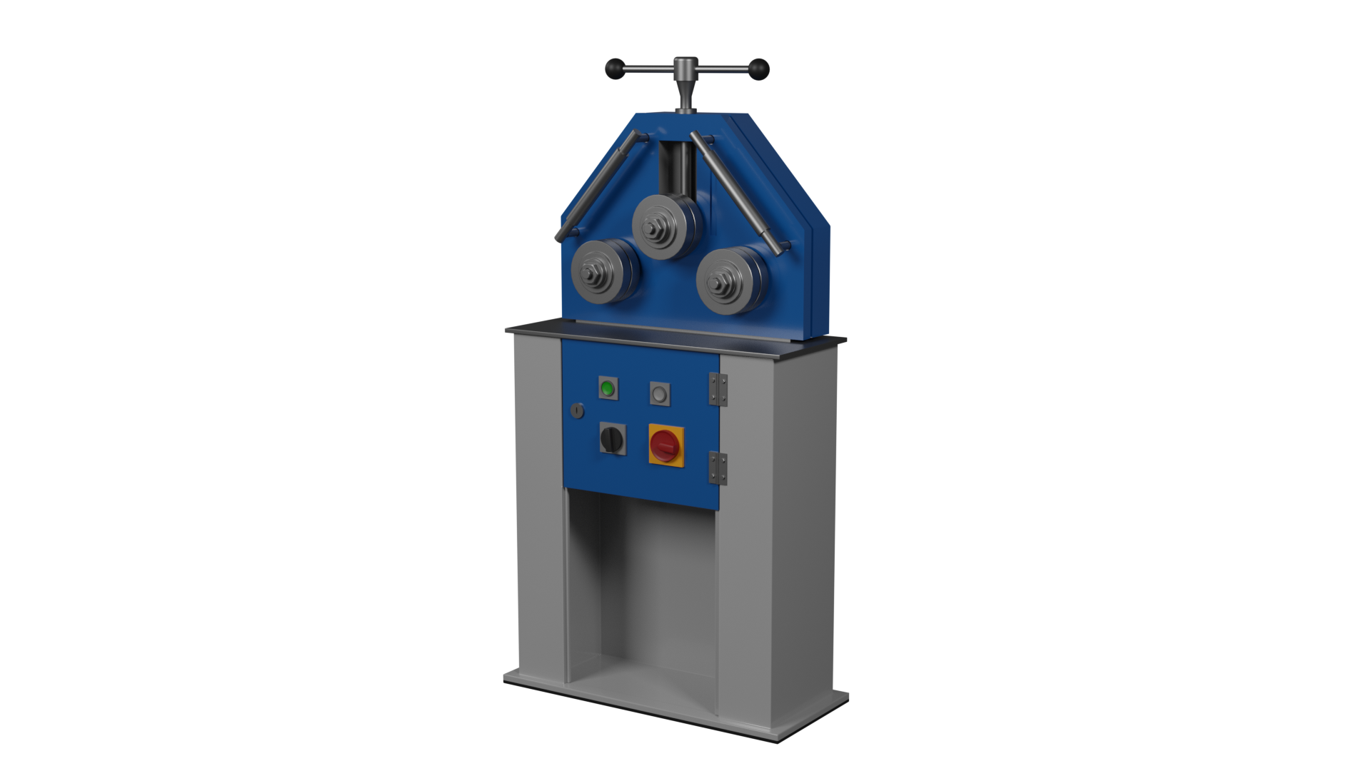 Opis alternatywny dotyczy grafiki przedstawiającej giętarkę mechaniczną. Jest to stojąca maszyna z przyciskami i małym blatem. W górnej części znajdują się trzy koła do wyginania rur. Nad nimi znajduje się pokrętło służące do regulacji. 