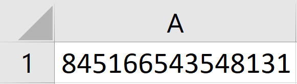 Ilustracja przedstawia komórkę A1. Wpisano w nią 845166543548131. 