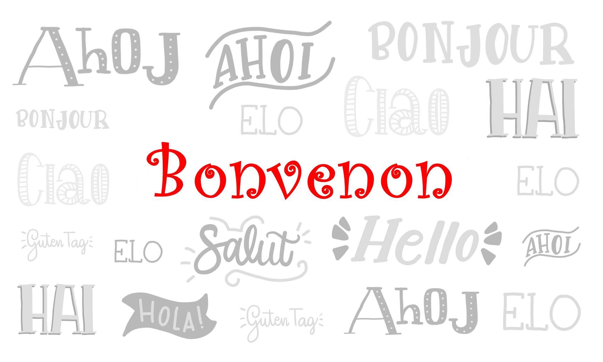 Grafika przedstawia słowo"Bonvenon" zapisane w 11 różnych językach.