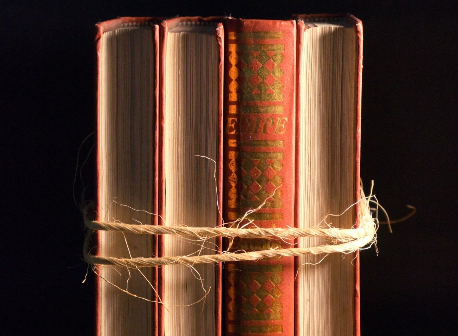 Zdjęcie przedstawia cztery grube książki, oprawione w twarde okładki w kolorze czerwonym. Trzy książki widoczne są od strony bloku kartek, a jedna od strony grzbietu. Na grzebiecie widoczne są złote tłoczenia. Książki są przewiązane sznurkiem.