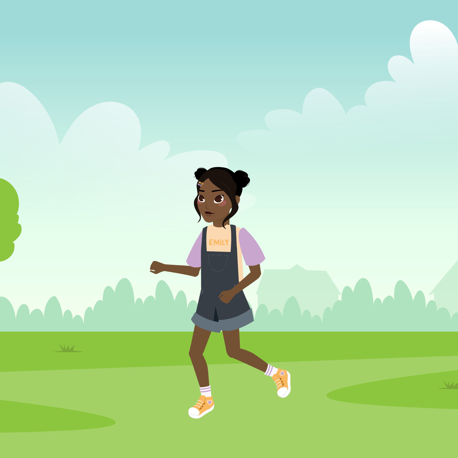 Ilustracja przedstawia Emily biegającą w parku. 