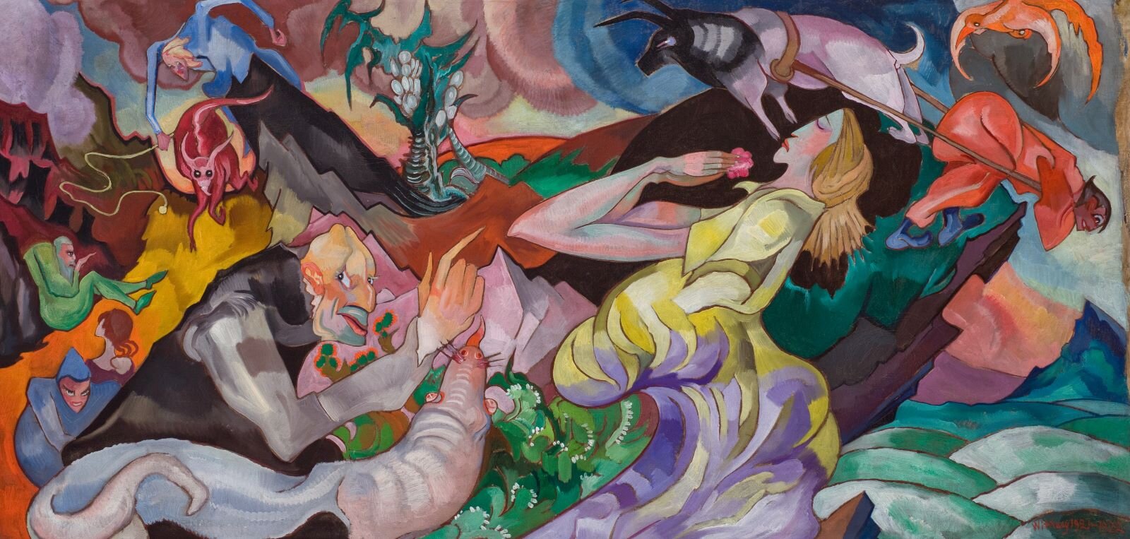 Obraz Witkacego przedstawia skomplikowaną kompozycję dynamiczną, w które trudno się dopatrzeć postaci, ale one tam są Na pierwszym planie można rozpoznać postać kobiety i mężczyzny. Tytuł "Kuszenie św. Antoniego" podpowiada, że na obrazie znajduje się wiele ukrytych elementów, które mają związek z przedstawianą sytuacją.