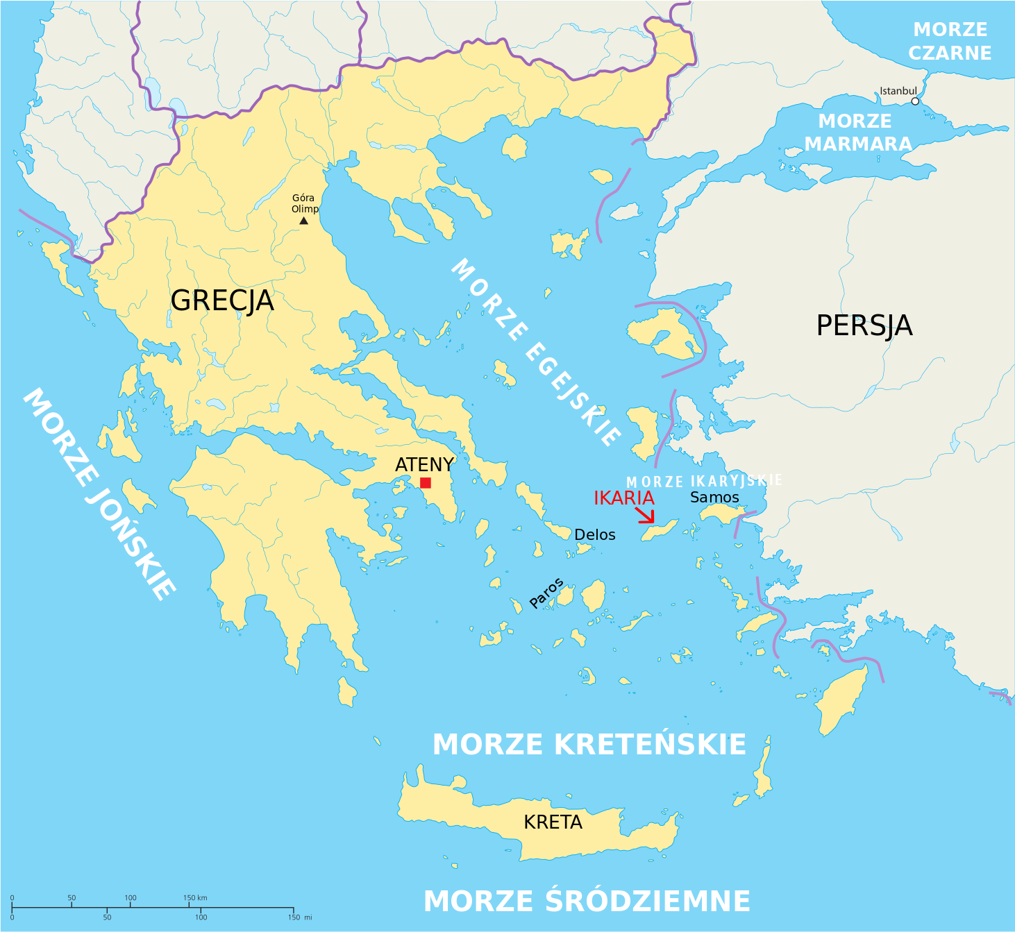 Kliknij, aby powiększyć. Mapa przedstawia fragment basenu Morza Śródziemnego – większe i mniejsze wyspy na Morzu Egejskim i Ikaryjskim, a także opływane przez nie lądy, po lewej stronie Grecję, a po prawej Turcję. Wyspa Ikaria znajduje się blisko centrum mapy i oznaczona jest małą, czerwoną strzałką.