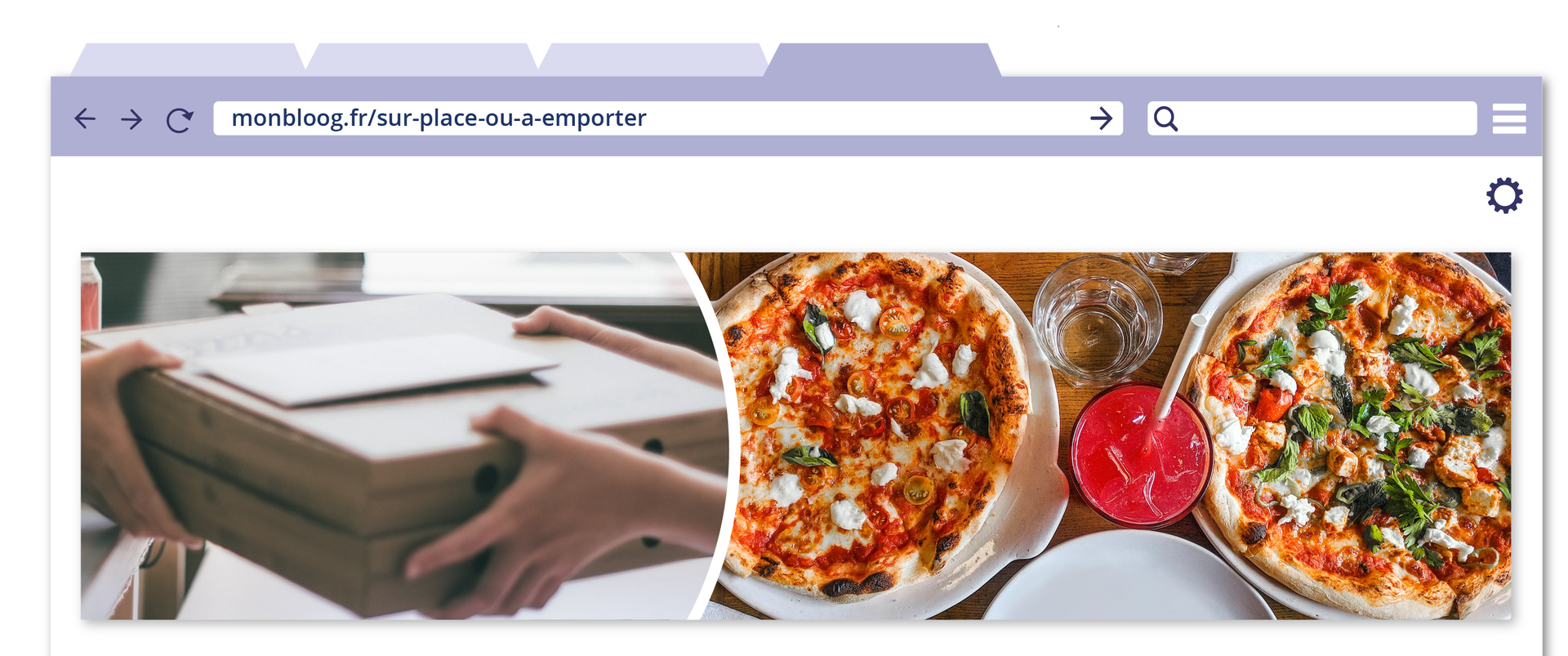 Nagłówek bloga kulinarnego o adresie monbloog.fr/sur‑place‑ou‑a-emporter.  Pod adresem strony znajduje się kolaż. Na pierwszym zdjęciu przedstawiono osobę odbierającą pizzę na wynos w charakterystycznych, kwadratowych kartonach. Na drugiej fotografii widnieją dwie pizze na talerzach oraz kolorowy napój ze słomką.  