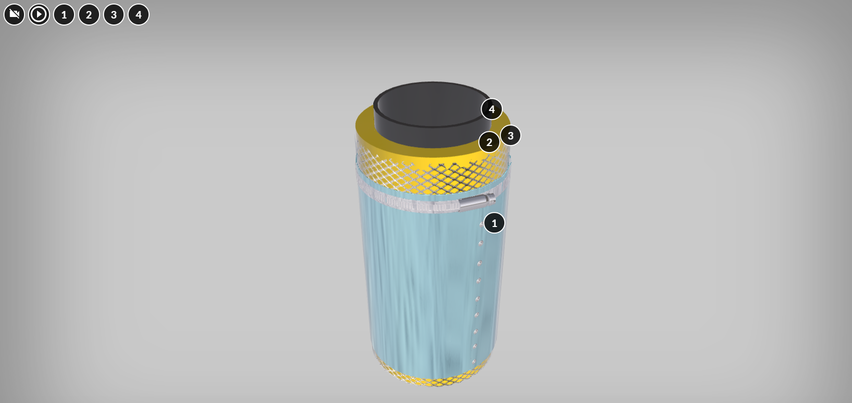 Grafika przedstawia przykładowy wygląd wizualizacji. Widoczny jest jeden z typów hal w 3D. Na rysunku widoczne są okrągłe ponumerowane znaczniki. Kliknięcie znacznika powoduje otwarcie okna z nazwą. Po prawej stronie ekranu znajduje się okno z nazwą wybranego elementu.