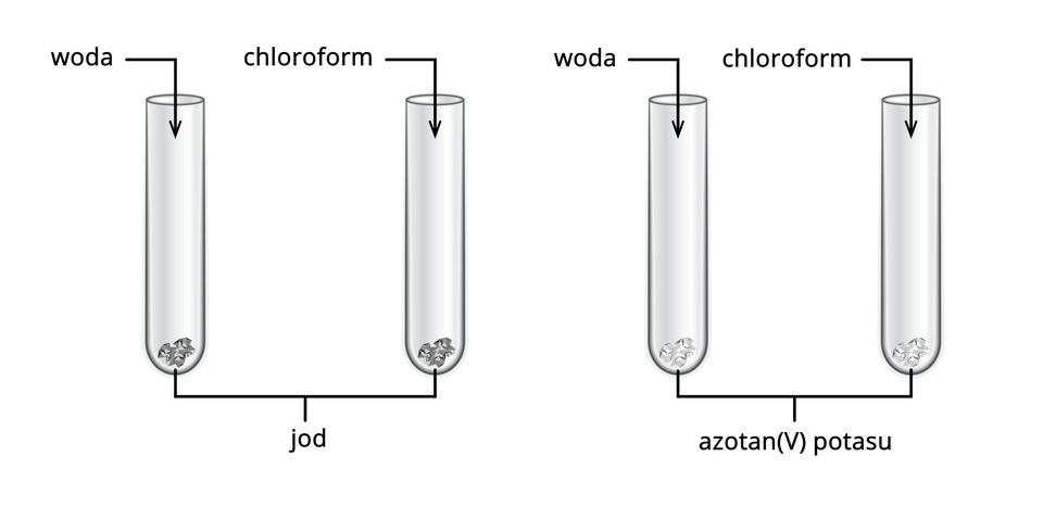 Grafika przedstawia schemat wstępnego etapu badania rozpuszczalności jodu oraz azotanu(V) potasu. Na schemacie po lewej stronie znajdują się dwie probówki z szarymi kryształkami, a po prawej stronie dwie probówki z białymi kryształkami. Probówki po lewej podpisane zostały "jod", a probówki po prawej "azotan(V) potasu". Do pierwszej probówki od lewej z każdej par próbówek prowadzi strzałka od napisu woda, a do każdej probówki po prawej z każdej par probówek prowadzi strzałka od napisu "chloroform". 