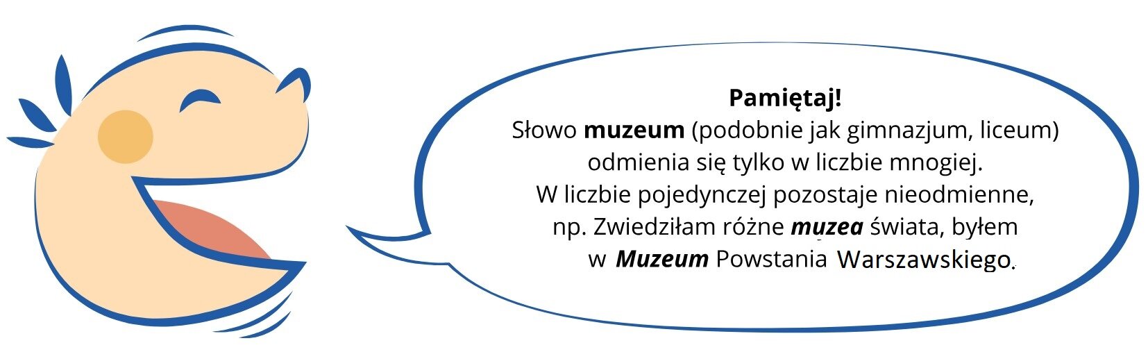 Zabawny rysunek uśmiechniętej dziecięcej  głowy. Ma przymknięte oczy i otwarte usta, przy których jest dymek z następująca treścią: Pamiętaj! Słowo muzeum (podobnie jak gimnazjum, liceum) odmienia się tylko w liczbie mnogiej. W liczbie pojedynczej pozostaje nieodmienne, np. Zwiedziłam różne muzea świata. Byłem w Muzeum Powstania Warszawskiego.