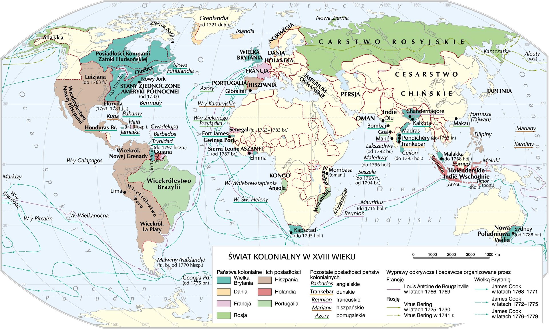 Mapa świata kolonialnego w XVIII w.