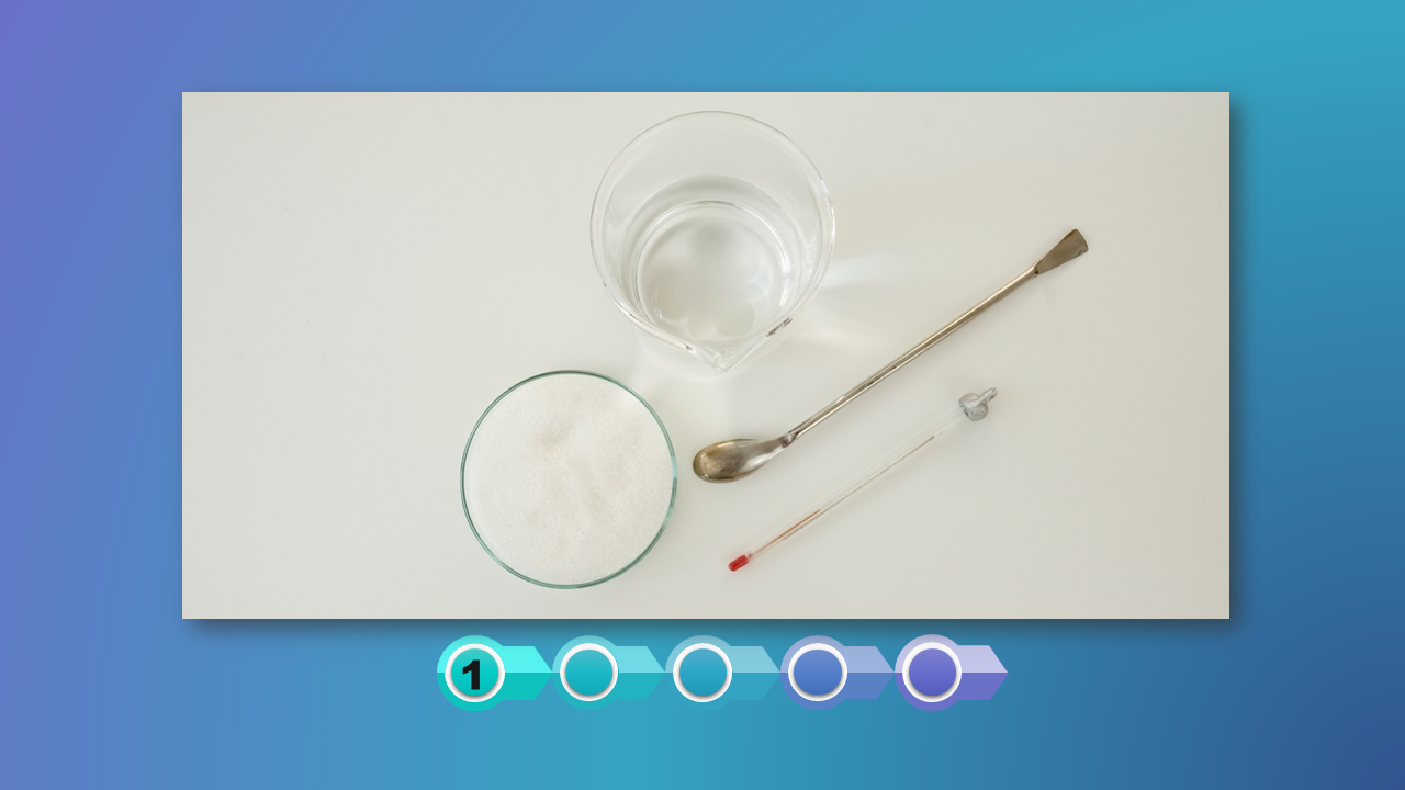 Ilustracja przedstawia zlewkę wypełnioną wodą, szalkę Petriego z substancją w kolorze białym, szpatułkę oraz termometr.