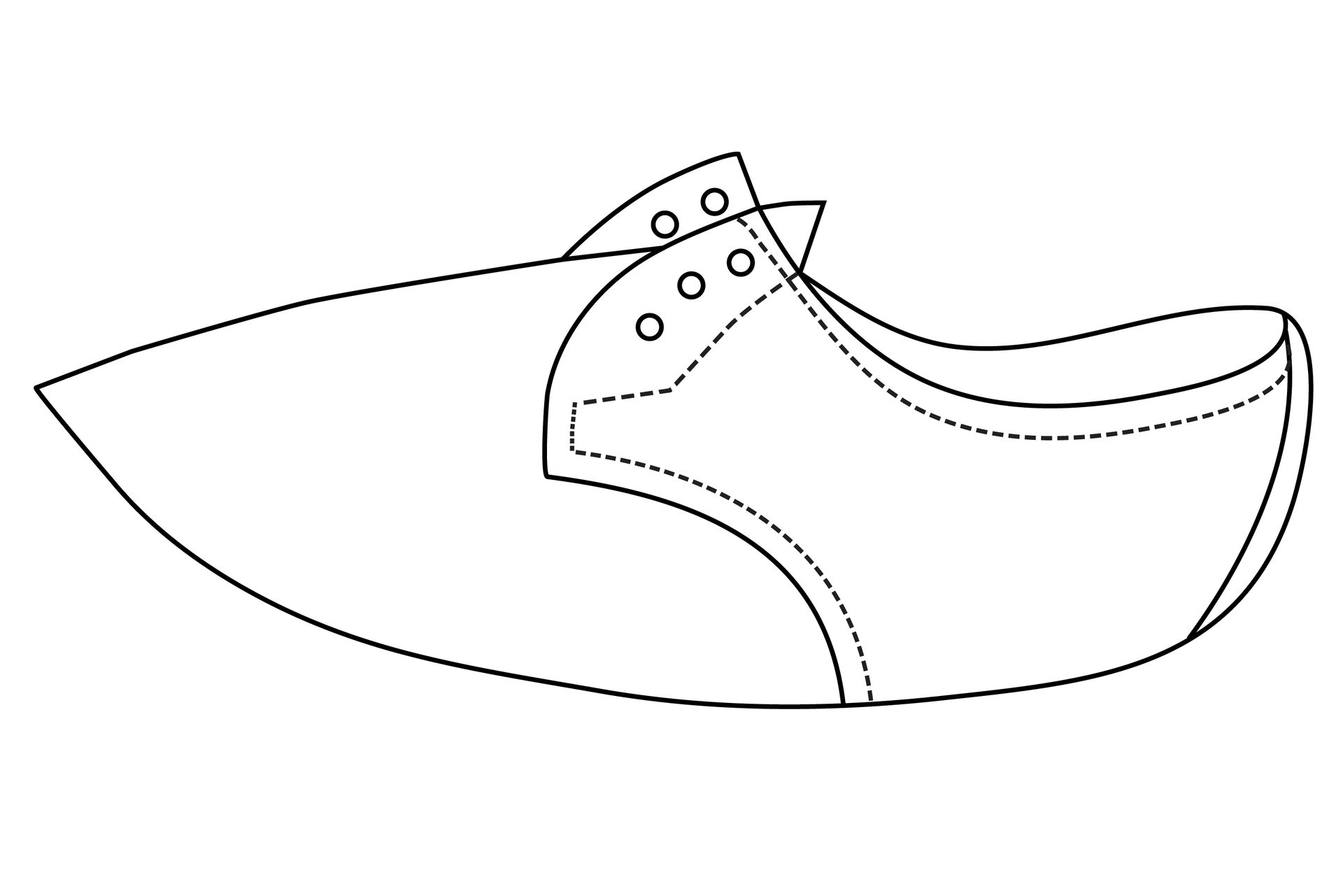 Grafika przedstawia schemat buta o niskiej cholewce i ostrym czubku. Przednie brzegi obłożyn są naszyte na przyszwę buta.