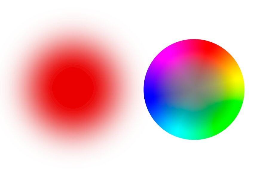 Ilustracja przedstawia przykładową grafikę w formacie JPEG. Na ilustracji znajdują się dwa koła na białym tle. Pierwsze wypełnione jest czerwonym kolorem, a drugie jest  w kolorach tęczy. Pierwsze koło, od swojego środka, stopniowo zmniejsza moc barwy stając się całkowicie niewidocznym na swoim brzegu. Drugie ma wyraźną krawędź.