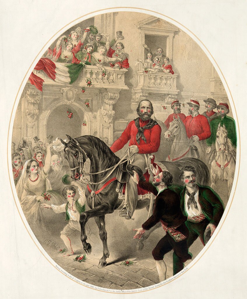 Ilustracja przedstawiająca scenę ludzi wiwatujących, gdy Giuseppe Garibaldi wjeżdża na koniu do Neapolu. Ludzie zewsząd skandują, uśmiechają się, machają do przywódcy. Stoją tuż obok niego jak i dalej, w balkonach budynków. Za przywódcą na koniach podążają za nim pozostali żołnierze.