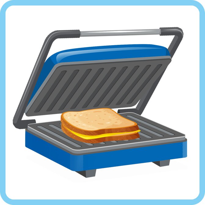 Ilustracja przedstawia opiekacz, w którym jest tost z serem