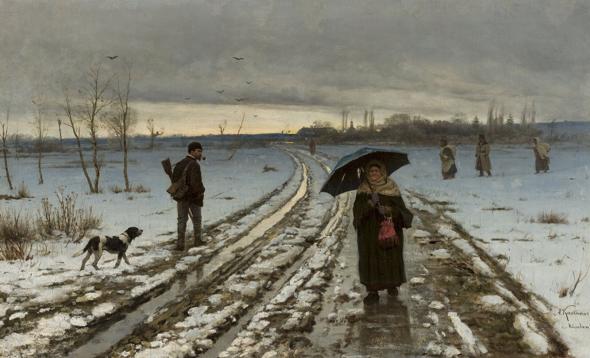 Ilustracja przedstawia pejzaż. Jest zima. Pośrodku ciągnie się wiejska, rozmokła droga. Pokryta jest licznymi koleinami. Stoi na niej starsza kobieta. Jej twarz jest okrągła, pomarszczona. Ma otuloną chustą głowę. Jest ubrana w ciemny płaszcz. Ma dłonie okryte rękawiczkami. Przez lewe przedramię ma przewieszoną torebkę. Oburącz trzyma dziurawy parasol. Lewą stroną drogi idzie mężczyzna w sile wieku. Postać ma owalną twarz. Jego brwi są krzaczaste. Podbródek porasta hiszpańska broda. W ustach mężczyzna trzyma fajkę. Na głowie ma futrzaną czapkę. Jest ubrany w kurtkę i spodnie. Na jego lewym ramieniu wisi strzelba. Na prawym wisi plecak. Mężczyzna odwraca się i spogląda na kobietę. Za nim podąża pies. Na drugim planie zając przebiega przez drogę. Zbliżają się do niej trzy postaci. Na ziemi leży śnieg. Rosną tu brzozy. W tle ciemne niebo i fruwające ptaki.