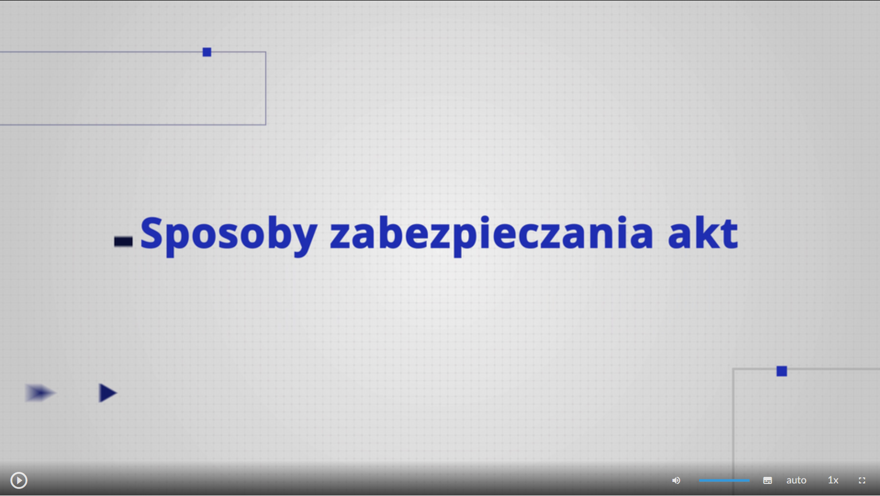 Przykładowy widok okna odtwarzacza filmu. W dolnej części znajdują się ikony nawigacyjne. W lewym dolnym rogu jest ikona trójkąta w kole. Symbol służy do uruchomienia filmu. Po prawej stronie dolnej części ekranu znajduje się ikona głośnika, a obok niego jest niebieska linia, na której można regulować poziom głośności. Obok jest ikona przedstawiająca fragment sylwetki człowieka (głowa i górna część tułowia). Po prawej stronie głowy znajdują się dwa białe półkola - zewnętrzne większe, wewnętrzne mniejsze. Ikona pozwala włączyć wersję filmu z audiodeskrypcją. Obok znajduje się biały prostokąt z czarnymi, małymi polami w dolnej części. To ikona służąca do włączenia napisów. Obok napis "auto", który pozwala zmienić jakość odtwarzanego filmu. Dalej na prawo napis: "jeden x". Ten przycisk pozwala na zmianę szybkości odtwarzania filmu. W prawym dolnym rogu białe, przerywane kontury kwadratu. To ikona pozwalająca przejść do trybu pełnoekranowego.