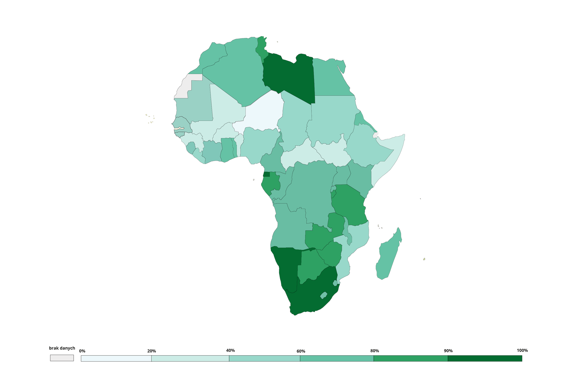 Mapa Afryki przedstawia wskaźnik alfabetyzacji. Od 90 do 80% występuje w RPA, Namibii, Libii. Od 80 do 90% występuje w  Botswanie, Zambii, Zimbabwe, Tanzanii. Od 60 do 80% występuje w Angoli, Demokratycznej Republice Konga, Kenii, Egipcie, Algierii, Maroku, Kamerunie, na Madagaskarze. Od 40 do 60% występuje w Mozambiku, Etiopii, Sudanie, Czadzie, Mauretanii, Nigerii. Od 20 do 40% występuje w Mali, Republice Środkowoafrykańskiej, Somalii, Sudanie Południowym. Poniżej 20% występuje w Nigrze.