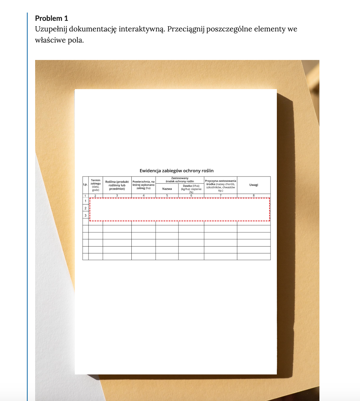 Grafika przedstawia fragment przykładowej dokumentacji z aktywnym ćwiczeniem (zaznaczonym czerwoną ramką).