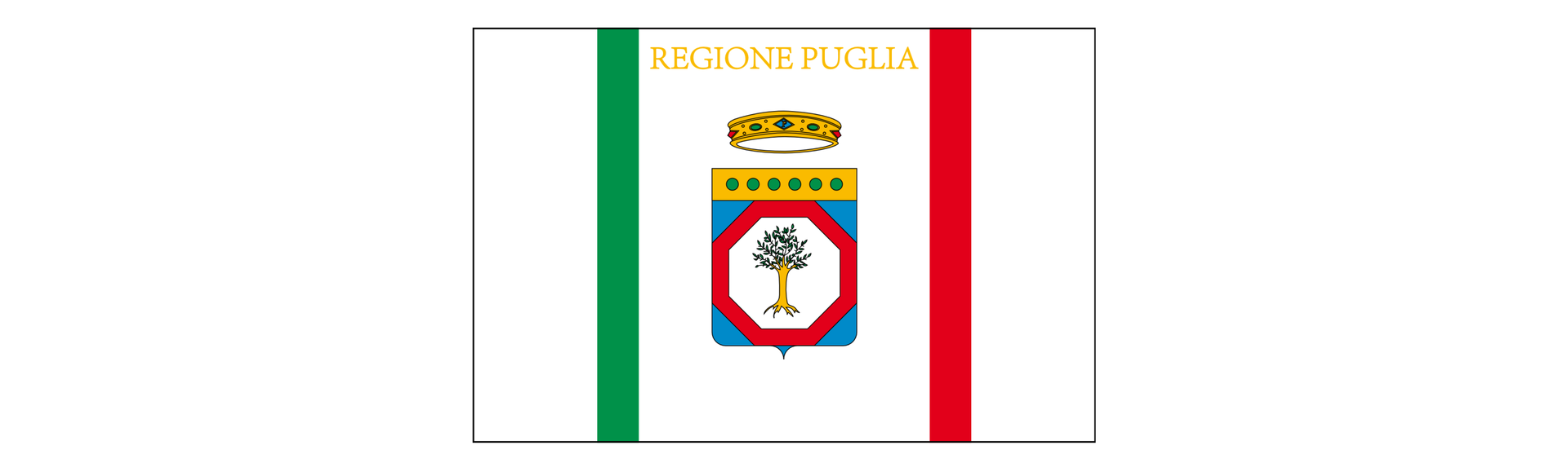 Grafika przedstawia flagę włoskiego regionu Puglia. Na środku flagi znajduje się herb z drzewem. Nad herbem znajduje się napis "Regione Puglia". Po lewej i prawej stronie herbu znajdują się wąskie pasy nawiązujące do kolorystki flagi Włoch.