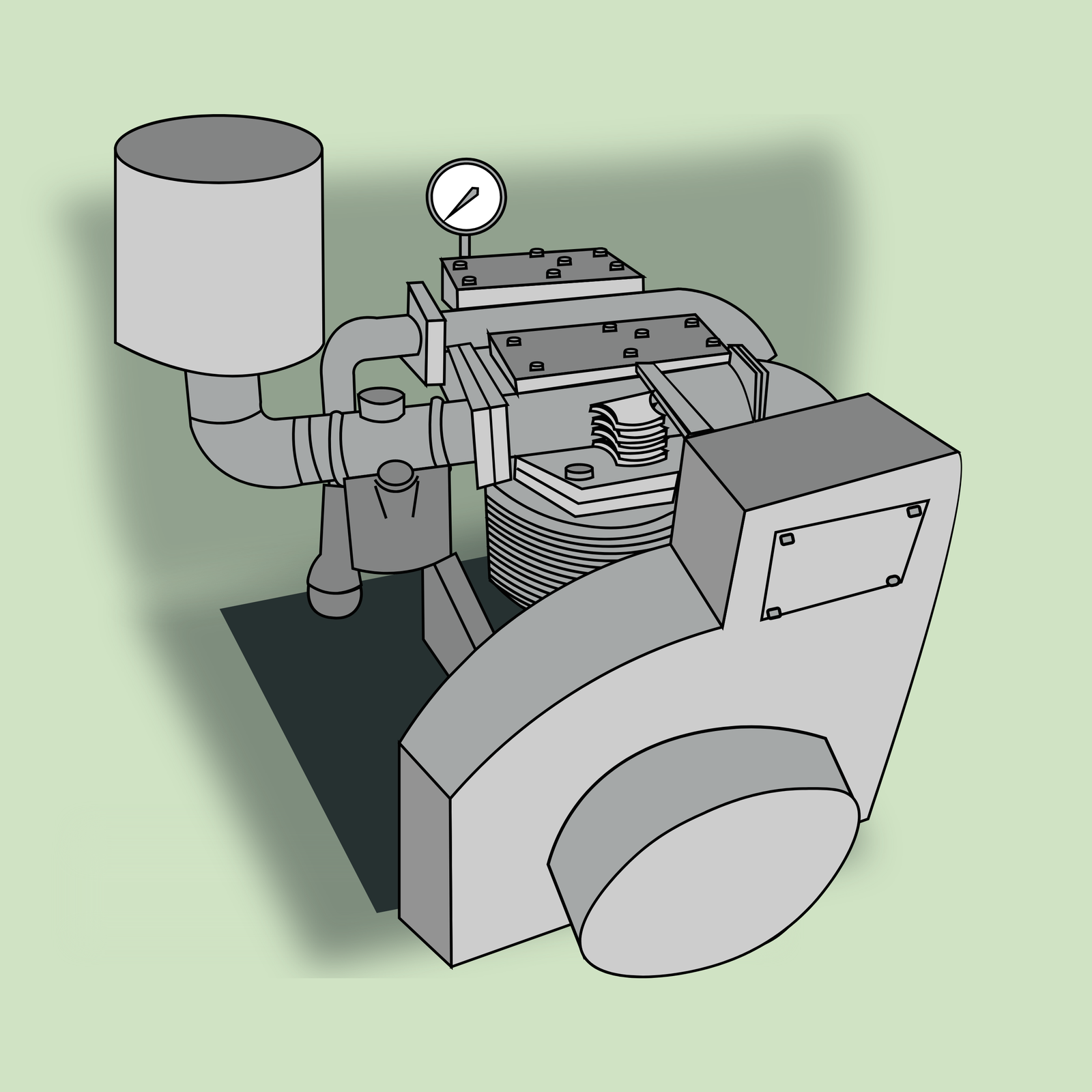 Grafika przedstawia sprężarkę. Na środku znajduje się silnik sprężarki, z przodu widać jej obudowę z płaskim walcem, a na górze i z lewej widać cylinder oraz wskaźnik zegarowy .
