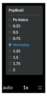 Ilustracja przedstawia czarną ramkę zawierającą w prawym górnym rogu szarą ramkę zatytułowaną prędkość i zawierającą 9 przycisków opcji, po klatce. 0,25. 0,5. 0,75. Normalna. 1,25. 1,5. 1,75. 2. Zaznaczono opcję normalna. U dołu znajdują się, napis auto, napis 1 znak mnożenia, kwadratową ramkę.