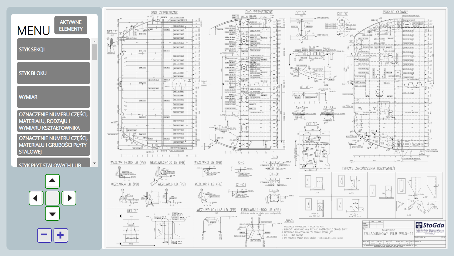 Grafika przedstawia wygląd atlasu interaktywnego. Po lewej stronie znajduje się panel z menu. Można z niego wybierać nazwy elementów, które mają zostać podświetlone na znajdującym się po prawej stronie ekranu rysunku technicznym. W górnej części menu znajduje się przycisk "aktywne elementy". Pozwala on na wyświetlenie na rysunku elementów, które są klikalne. Pod nazwami elementów znajdują się przyciski umożliwiające nawigację po rysunku w czterech kierunkach. Poniżej znajdują się przyciski plus minus, które pozwalają na przybliżanie i oddalanie rysunku.