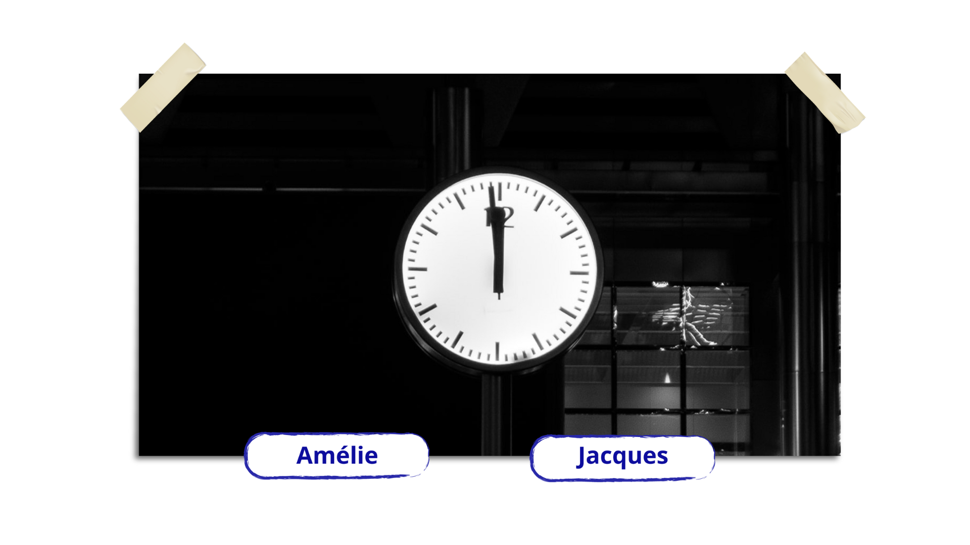 Ilustracja przedstawia zegar wskazujący godzinę dwudziestą trzecią pięćdziesiąt dziewięć. Podpisy pod ilustracją: Amélie i Jacques. 