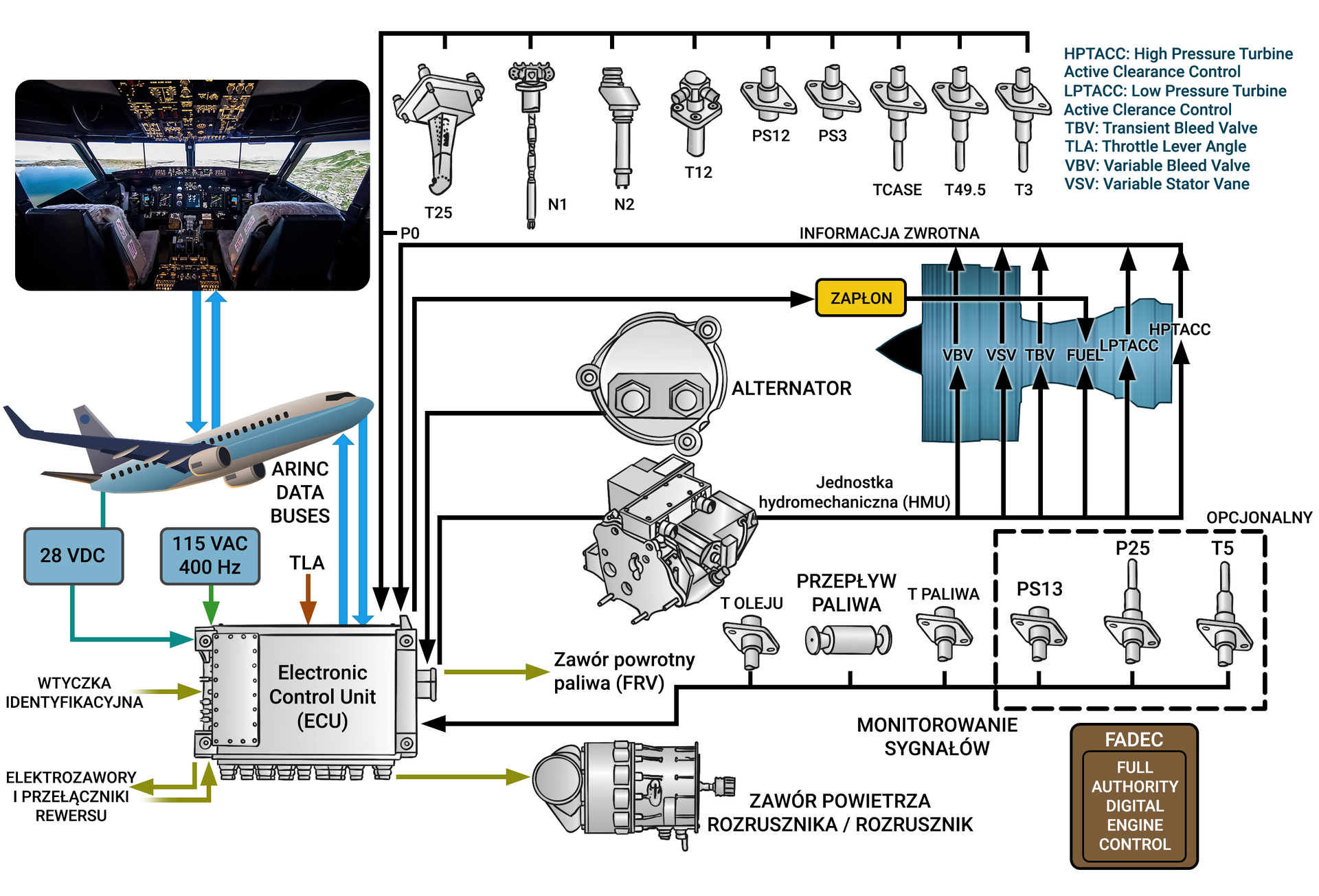 Ilustracja przedstawia schemat blokowy funkcjonowania systemu FADEC. Ukazane jest jego połączenie ze wszystkimi parametrami silnika oraz podzespołami jednostki napędowej. Od elektronicznej jednostki kontrolnej (czyli E Ce U) odchodzą strzałki połączeń do: zaworu powietrza rozrusznika, zaworu powrotnego paliwa, elektrozaworów i przełączników rewersu, zapłonu oraz jednostki hydromechanicznej, od której wychodzą dalej strzałki do elementów silnika. Od elementów silnika wraca do E Ce U informacja zwrotna. Do E Ce U dochodzą również strzałki od: elektrozaworów i przełączników rewersu, wtyczki identyfikacyjnej, alternatora, systemów monitorowania sygnałów (np. temperatury oleju i paliwa, przepływu paliwa) oraz od innych czujników.