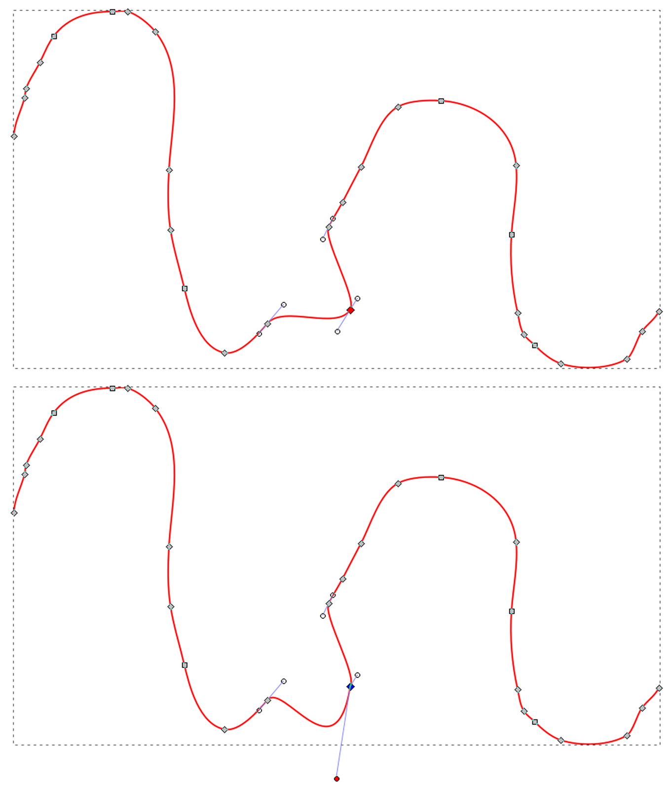 Ilustracja przedstawia dwie grafiki. Na każdej z nich znajduje się krzywa w kolorze czerwonym, na krzywej zaznaczone jest dwadzieścia osiem punktów. Na krzywej znajdującej się na pierwszej grafice dodane zostały dodatkowe zakrzywienia, z punktów znajdujących się na początku i na końcu oraz w środku dodanego dodatkowego łuku wychodzą linie styczne do krzywej. Punkt znajdujący się na środku dodatkowego łuku zaznaczony jest na kolor czerwony. Krzywa znajdująca się na drugiej grafice jest taka sama, z tym, że punkt znajdujący się na środku dodatkowego łuku zaznaczony jest na kolor niebieski, a punkt znajdujący się na końcu stycznej wychodzącej w dół od tego punktu jest zaznaczony na kolor niebieski.