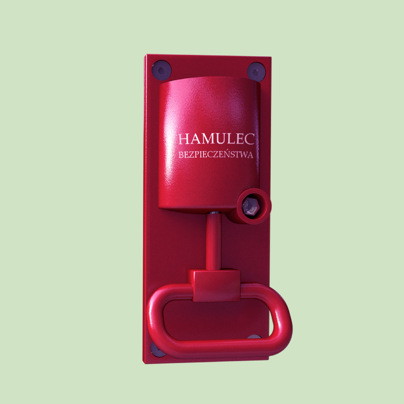 Ilustracja przedstawia hamulec bezpieczeństwa. Hamulec ma kształt pionowego cylindra, w jego dolnej części znajduje się rączka do pociągnięcia. Hamulec przymocowany jest do ściany. 