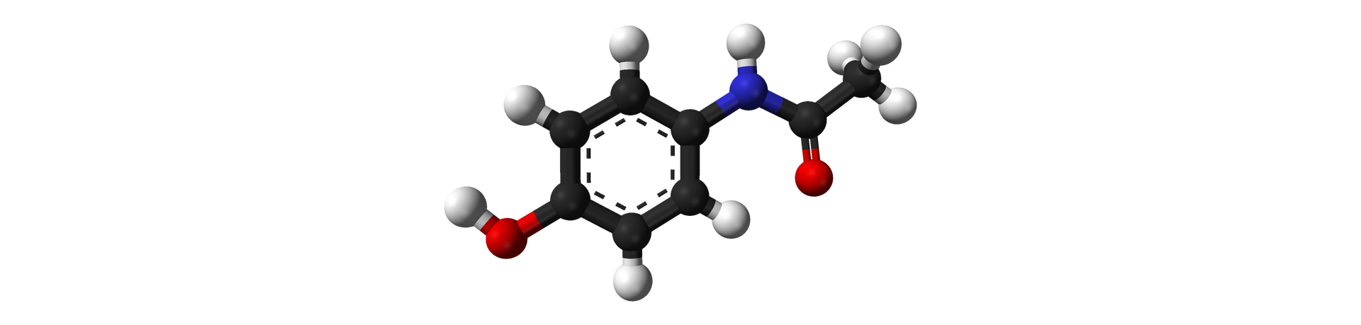 Na ilustracji jest model cząsteczki N-acetylo-4-aminofenolu: sześcioczłonowy pierścień zbudowany z czarnych kulek łączy się na dole po lewej stronie z czerwoną kulka, która łączy się z białą kulką. Czarna kulka leżąca u góry po prawej stronie pierścienia łączy się z niebieską kulką, która na górze łączy się z białą kulką, a po prawej stronie z czarną kulką. Czarna kulka łączy się na dole wiązaniem podwójnym z czerwoną kulką, a po prawej stronie z czarna kulką. Czarna kulka łączy się z trzema białymi kulkami. Każda z pozostałych czarnych kulek pierścienia łączy się z białą kulką. 