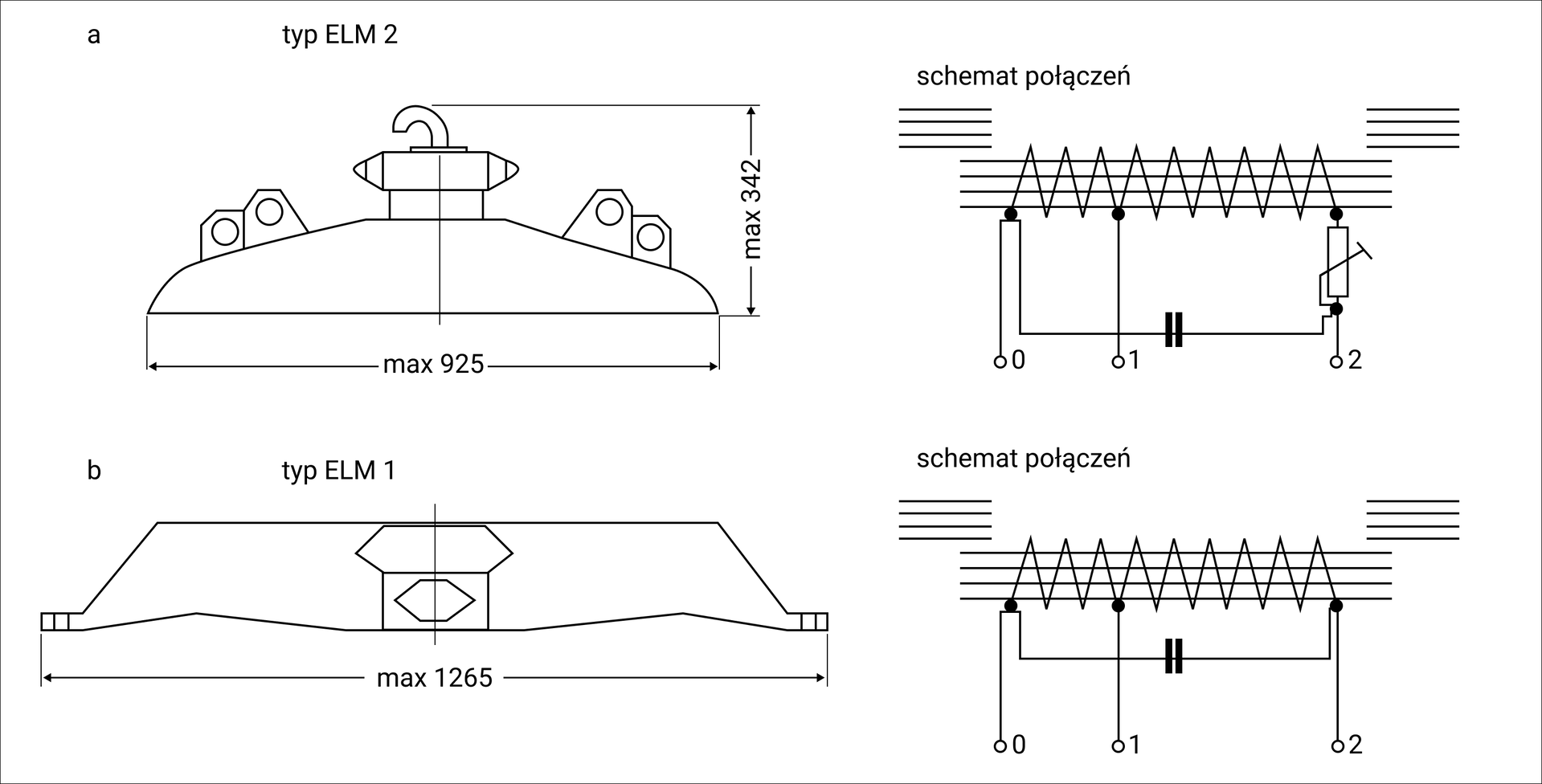 Ilustracja przedstawia dwa schematy urządzeń oddziaływania SHP. Na górze ilustracji pokazane jest urządzenie typu ELM 2, wraz z jego maksymalnymi wymiarami. Obok pokazany jest schemat połączeń urządzenia. Węzły zero, jeden i dwa są otwarte. Od węzła zero biegnie połączenie do jednego końca cewki, następnie oddziela się i łączy z kondensatorem, który biegnie do węzła, gdzie z jednej strony połączony jest do uziemienia, z drugiej rezystorem do drugiego końca cewki i z trzeciej do węzła dwa. Węzeł jeden połączony jest z cewką. Na dole ilustracji pokazane jest urządzenie typu ELM 1, wraz z jego maksymalnymi wymiarami. Obok pokazany jest schemat połączeń urządzenia. Schemat różni się od wcześniejszego brakiem uziemienia oraz rezystora. Elektromagnesy SHP znajdują się zarówno przy szynie kolejowej, jak i na pojeździe kolejowym. Umieszczane są one w pobliżu sygnalizatorów. Elektromagnesy są niezbędne do poprawnego działania systemu samoczynnego hamowania pociągów SHP.