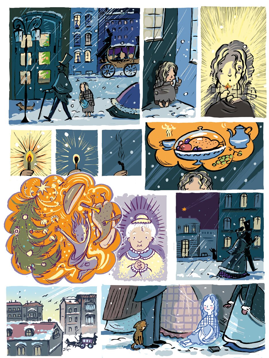 Komiks. Pierwszy obrazek: Miasto zasypane śniegiem, jest wieczór, jest ciemno, ulicą przejeżdża kareta, przechodzą elegancko ubrani ludzie. Na śniegu stoi mała, bosa dziewczynka. Drugi obrazek: Dziewczynka siedzi skulona w kącie między dwoma domami i odpala zapałkę. Trzeci obrazek: Twarz dziewczynki oświetla blask zapałki. Czwarty obrazek: Trzy sceny – paląca się, dogasająca i wypalona zapałka. Piąty obrazek: Głowa dziewczynki i nad nią chmurka przedstawiająca myśli dziewczynki. W chmurce jest półmisek z pieczoną gęsią, dymiąca filiżanka herbaty, dzbanek. Szósty obrazek:  Duża chmura, w której wszystko wiruje: dziewczynka, pieczona gęś, choinka. Z boku patrzy na to uśmiechnięta łagodnie babcia. Siódmy obrazek: Wieczór, pada śnieg, ulicami miasta przechodzą obojętni ludzie, jest ciemno. W oddali widać dziewczynkę wyciągającą rączki do spadającej gwiazdy. Ósmy obrazek: Świt nad zaśnieżonym miastem, ulicą przejeżdża kareta. Dziewiąty obrazek: Ludzie stojący wokół zamarzniętej na śmierć dziewczynki. Przed dziewczynką leży pudełko po zapałkach i wypalone zapałki.
