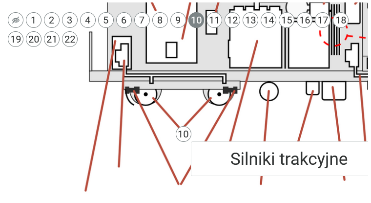 Zrzut ekranu przedstawia przykładowy punkt interaktywny na grafice z atlasu. Na środku widać punkt numer dziesięć obok którego znajduje się ramka z tytułem punktu "silniki trakcyjne". Na górze widoczne są punkty interaktywne oraz przycisk z przekreślonym okiem służący do ukrycia punktów.