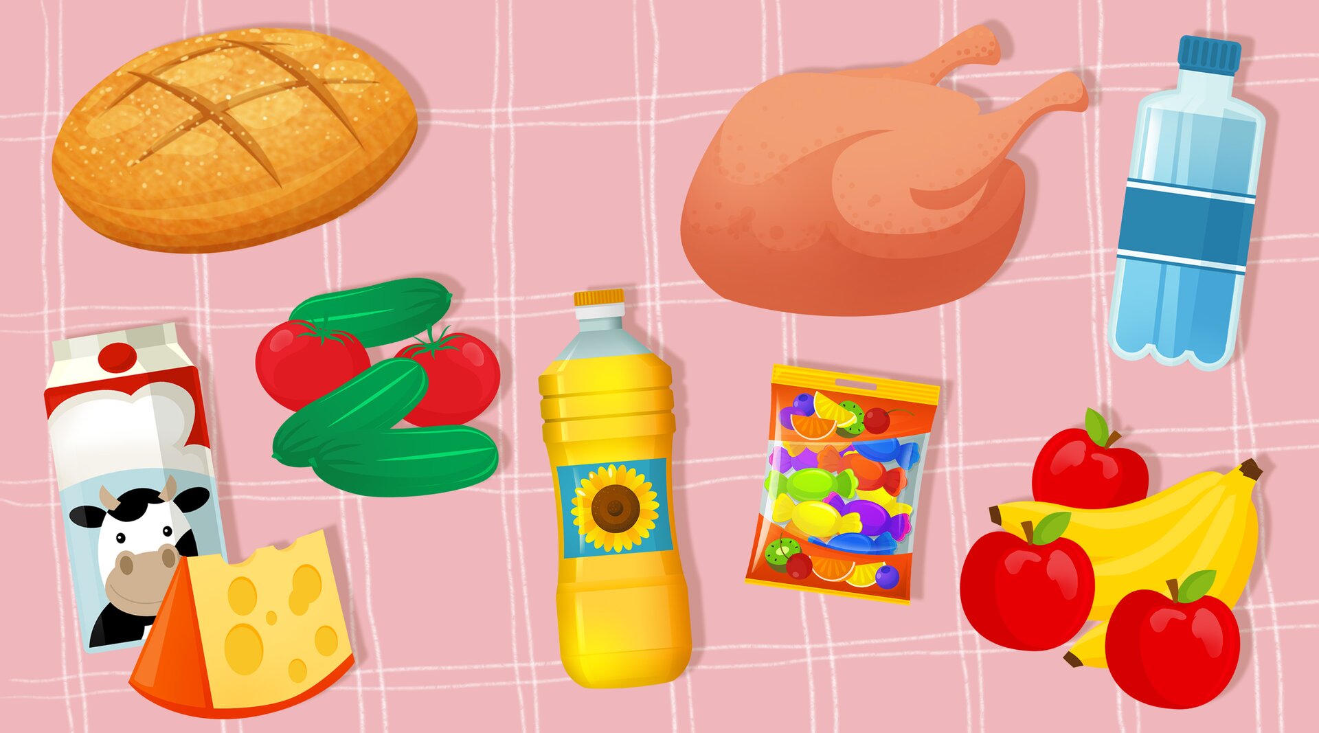 Grafia przedstawia stół, na którym leżą produkty spożywcze. Od prawej strony: woda, banany, jabłka, cukierki, pieczony kurczak, butelka oleju, ogórki i pomidory, chleb, ser i karton mleka.  