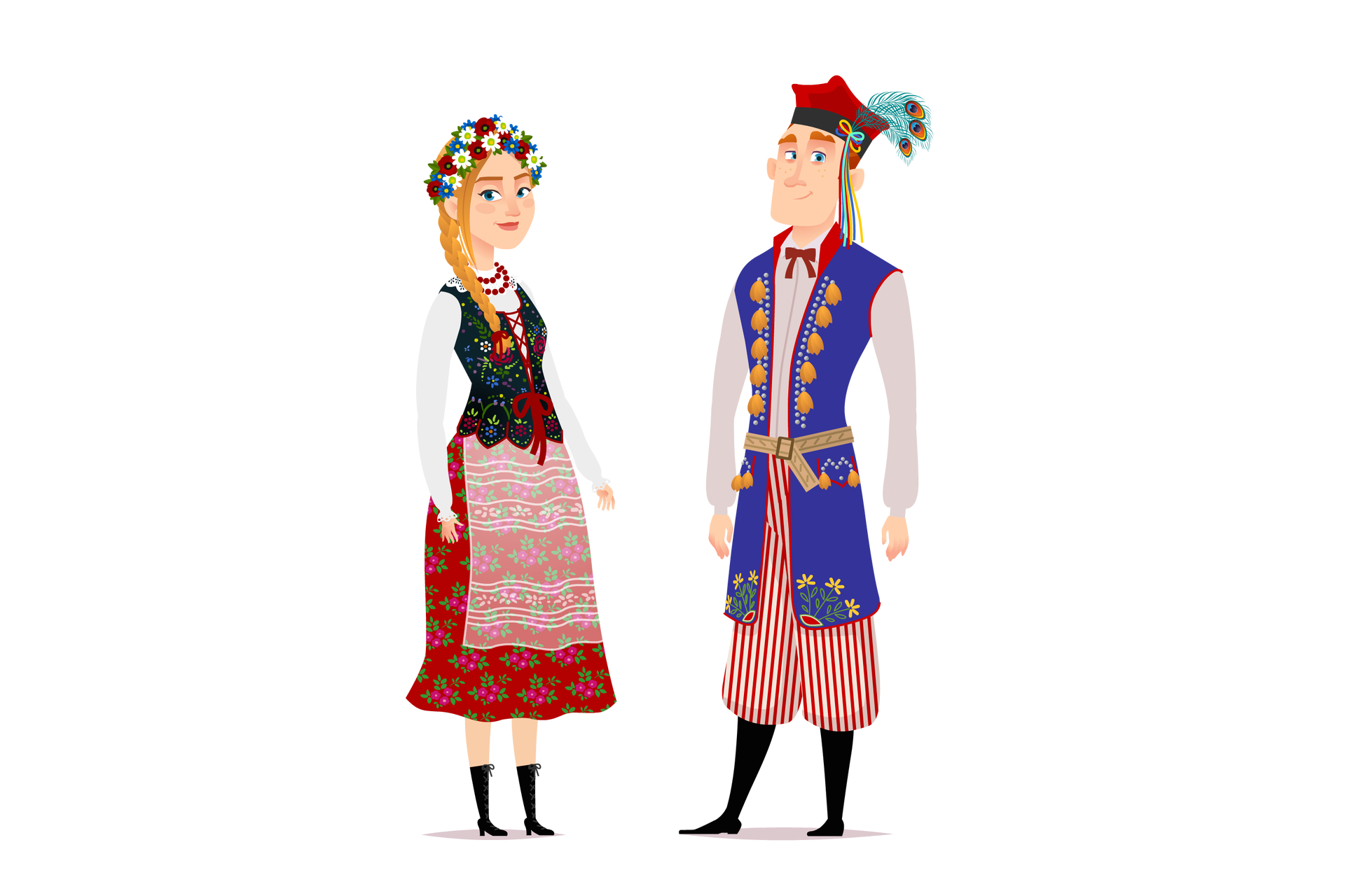 Ilustracja przedstawia kobietę i mężczyznę na białym tle. Kobieta, stojąca z lewej strony, ma na sobie białą koszulę z koronkowymi zdobieniami przy rękawach; wiązany z przodu kwiecisty, ciemny gorset; rozkloszowaną, czerwoną spódnicę w różowo‑zielone kwiaty, sięgającą poniżej kolan; oraz prześwitujący fartuszek przymocowany w pasie. Na szyi kobiety obecne są dwa sznury czerwonych korali, a na głowie – wianek z białych i czerwonych kwiatów. Jej jasne włosy zaplecione są w długi warkocz. Jej twarz jest jasna, z delikatnymi rumieńcami oraz uśmiechem. Mężczyzna ma na sobie przewiązaną pod szyją czerwoną wstążką białą koszulę, na którą narzucono sięgający do kolan niebieski kaftan bez rękawów z ozdobnymi złotymi guzikami; czerwono‑białe, szerokie spodnie w pionowe pasy oraz czarne buty z wysokimi cholewkami. Na jego głowie obecna jest czerwona czapka otoczona na dole czarnym materiałem, do której doszyto kolorowe wstążki, a także pawie pióra. Mężczyzna uśmiecha się, unosząc lewy kącik ust. 