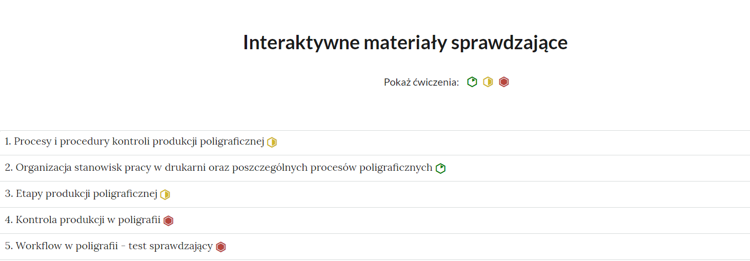 Widok interaktywnych materiałów sprawdzających z pogrupowanymi zadaniami od 1 do 5.