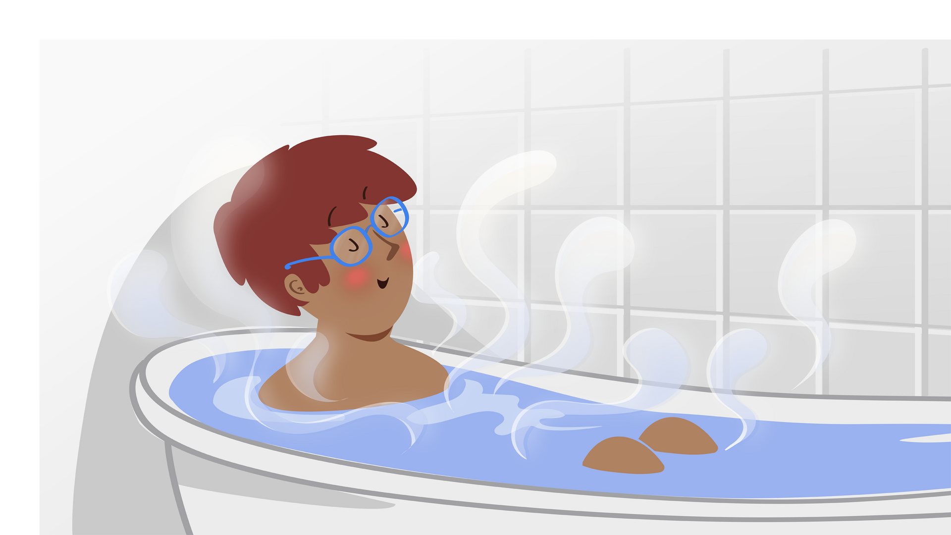 Ilustracja przedstawia chłopca siedzącego w wannie z gorącą wodą.