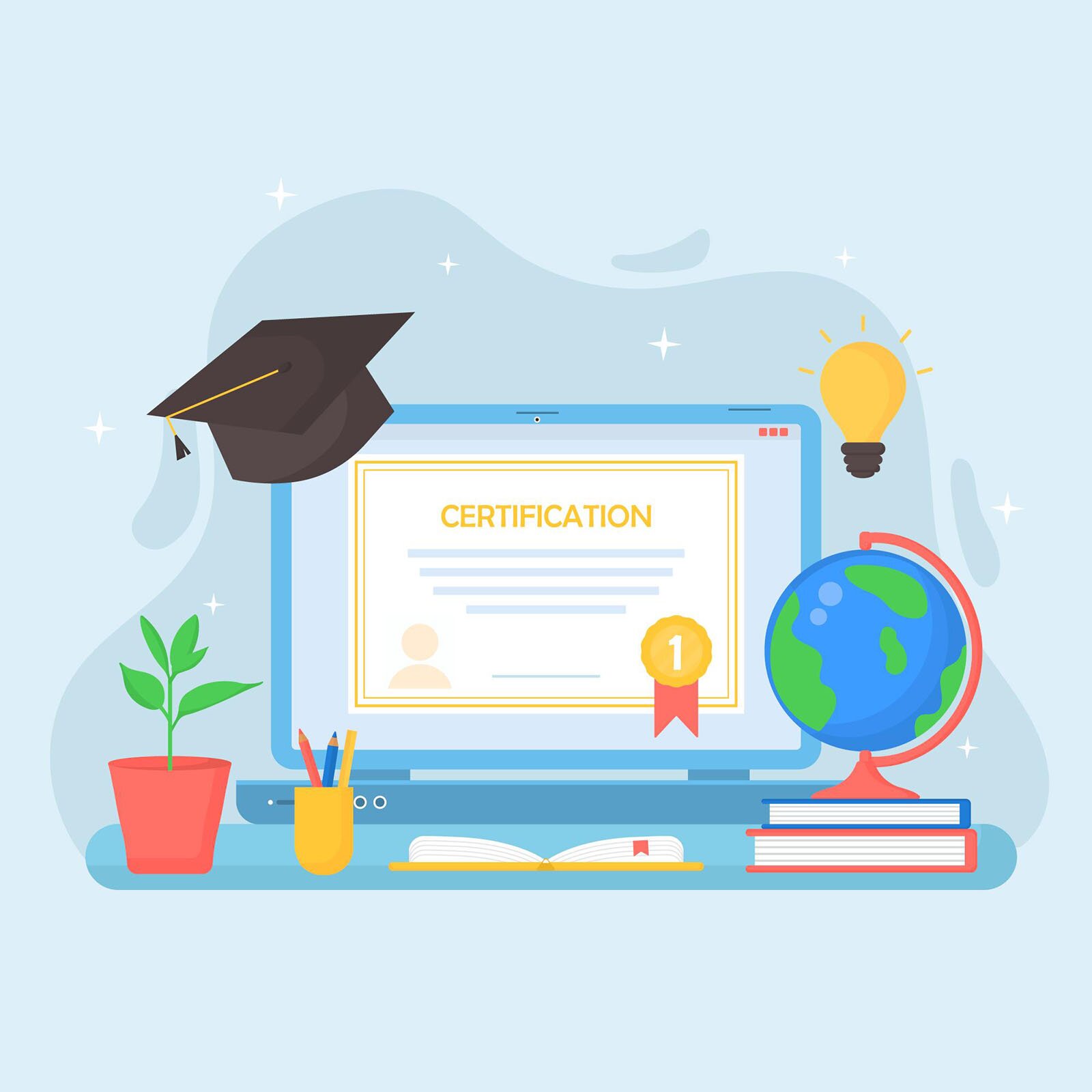 Grafika przedstawia otwarty laptop, na ekranie którego widoczny jest certyfikat z napisem w języku angielskim: CERTIFICATION. Poniżej napisu widoczne są linie symbolizujące tekst, w lewym, dolnym rogu certyfikatu widoczne jest schematyczne popiersie człowieka, zaś w prawym, dolnym rogu widoczny jest żółty medal z numerem 1. Na ekranie laptopa po lewej stronie przewieszony jest czarny biret. W prawym górnym rogu monitora widoczna jest świecąca się żółta żarówka. Przed laptopem stoją różne przedmioty. Od lewej widoczne są: zielona roślinka w czerwonej doniczce, żółty pojemnik z kredkami, otwarty notes, dwie książki, na których stoi globus.