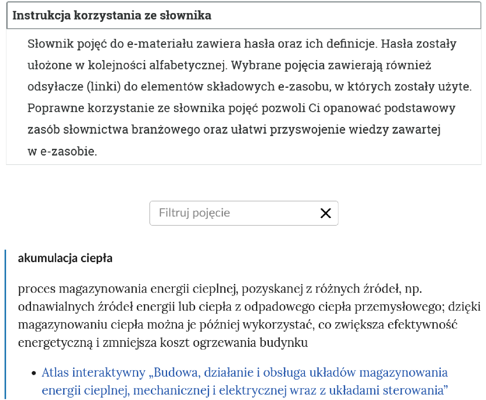 Przykładowy widok otwartej zakładki instrukcji korzystania ze słownika. Pod nazwą zakładki znajduje się prostokątny panel filtruj pojęcie i znak iks.
