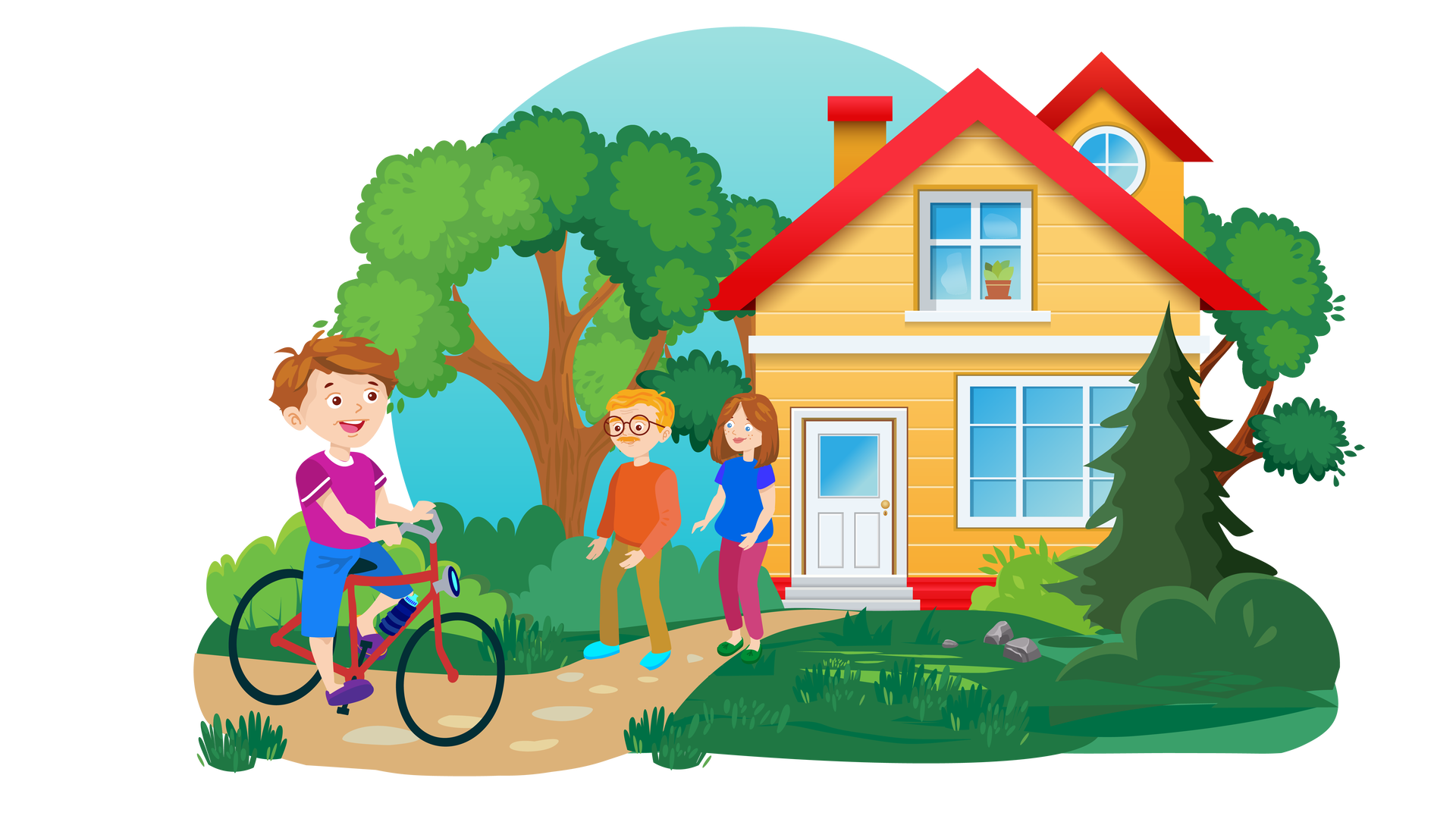Ilustracja przedstawia ścieżkę przed domem jednorodzinnym. Dom ma jasnopomarańczowe ściany, białe okna, białe drzwi i czerwony dach. Dookoła budynku rosną niskie krzewy i drzewa liściaste oraz iglaste. Na pierwszym planie widać chłopca jadącego na czerwonym rowerze. Do ramy roweru jest przyczepiony granatowy bidon, czyli plastikowa butelka na wodę. Chłopiec ma krótkie brązowe włosy i jest ubrany w fioletową koszulkę z krótkimi rękawami, krótkie niebieskie spodnie i fioletowe buty. Uśmiecha się i patrzy na rodziców stojących przed domem. Tata chłopca ma krótkie blond włosy i krótkie wąsy, nosi okulary w okrągłych oprawkach. Jest ubrany w pomarańczowy sweter z długimi rękawami, długie żółtobrązowe spodnie i błękitne buty. Mama chłopca ma brązowe włosy sięgające ramion. Jest ubrana w ciemnoniebieską bluzkę z krótkimi rękawami, długie ciemnoróżowe spodnie i ciemnozielone buty. Rodzice patrzą, jak chłopiec jeździ na rowerze, i się uśmiechają.