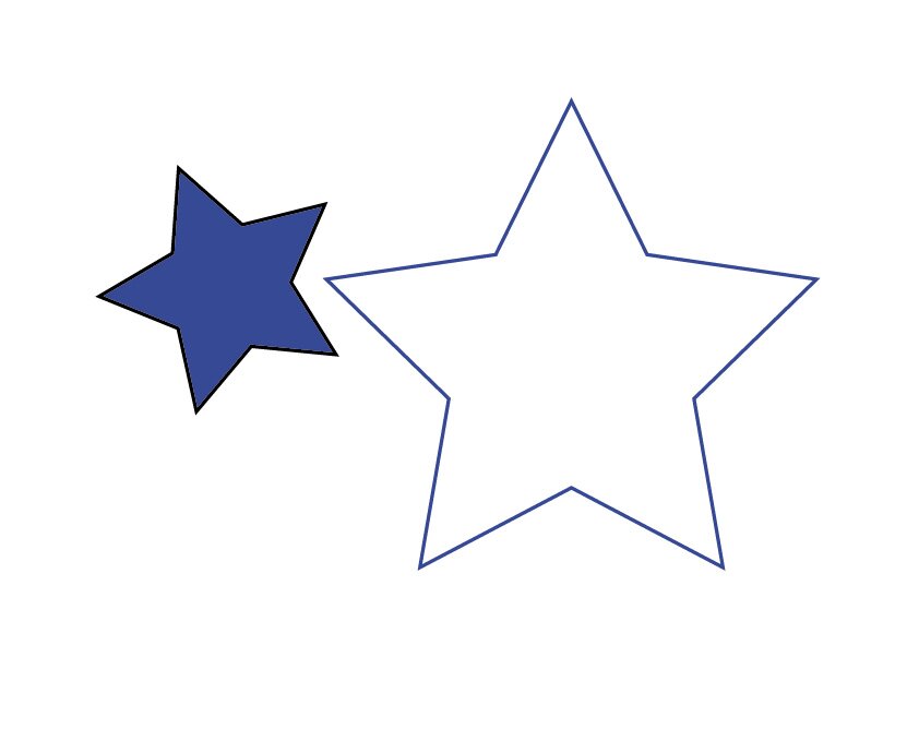 Dwie gwiazdy, mniejsza i większa. Mniejsza wypełniona jest kolorem niebieskim, większa nie ma wypełnienia, natomiast jej kontury są w kolorze niebieskim.