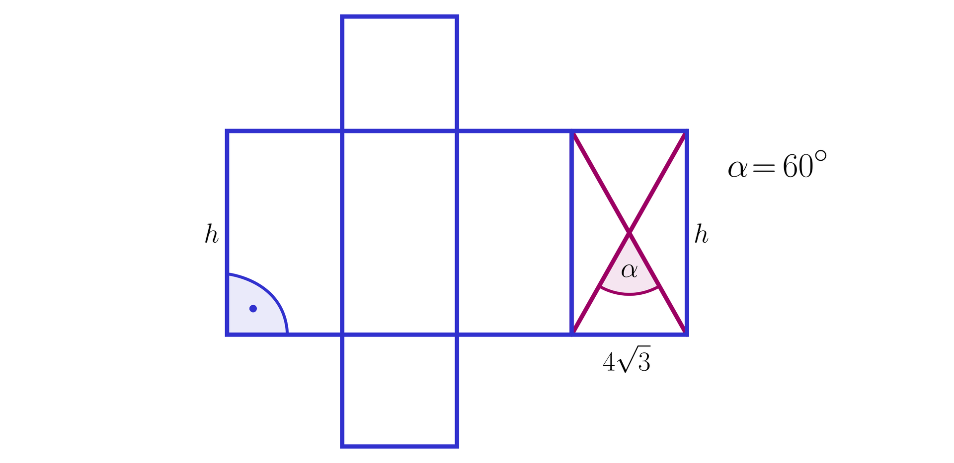 Grafika przedstawia siatkę graniastosłupa prawidłowego czworokątnego o podstawie kwadratu o boku a i wysokości h. Siatka przedstawiona jest w taki sposób że cztery prostokąty o podstawie a i wysokości h ułożone są przylegająco wysokościami . W ostatnim prostokącie oznaczono przekątne przecinające się pod kątem α równym 60° . Podstawa prostokątna ma długość 43. Powyżej oraz poniżej do drugiego prostokąta przylegają kwadraty.