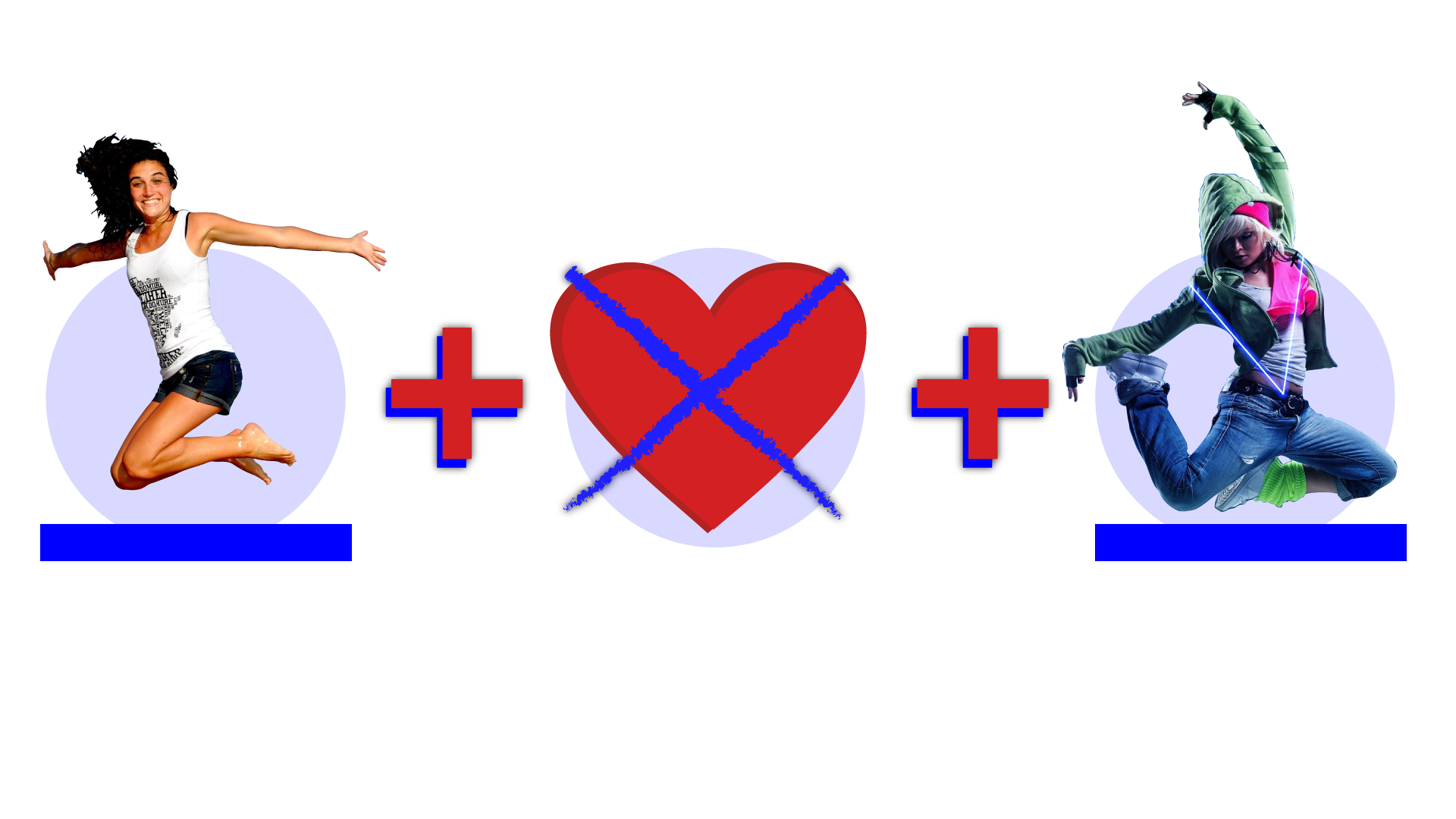 Ilustracja przedstawia rebus złożony z trzech ilustracji, pomiędzy którymi znajduje się znak "+". Pierwsza ilustracja przedstawia skaczącą kobietę z rozłożonymi rękoma. Druga ilustracja przedstawia symbol jednego przekreślonego czerwonego serca, a na ostatniej ilustracji widać kobietę ubraną w sportowe ubranie, wykonującą taneczny ruch.