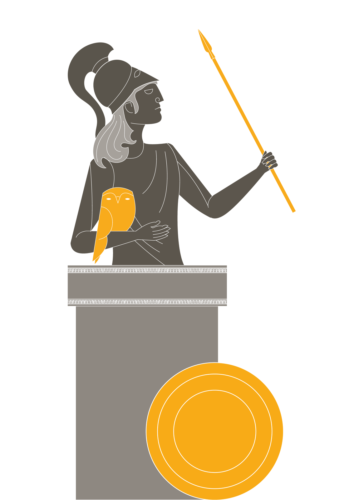 Rysunek przedstawia popiersie kobiety w tunice, osadzone na kolumnie. Atena ma długie włosy i hełm na głowie. W ręku trzyma złotą dzidę, na drugiej ręce siedzi złota sowa. Przed kolumną stoi złota tarcza.