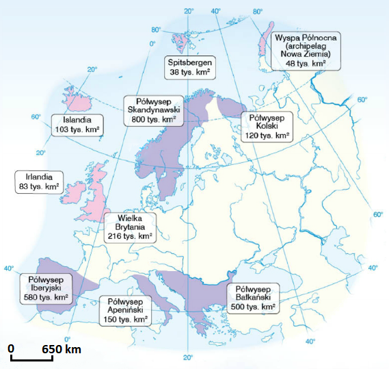 Mapa Europy z wyróżnionymi największymi wyspami i półwyspami kontynentu. Półwyspy wyróżnione kolorem fioletowym, półwyspy różowym. Pozostała część kontynentu oznaczona kolorem kremowym, rzeki i morza oznaczone kolorem niebieskim. Obok wyróżnionych części kontynentu ramki z ich nazwami i powierzchnią. Oznaczone wyspy, począwszy od północnego wschodu – Wyspa Północna (archipelag Nowa Ziemia, 48 tysięcy kilometrów kwadratowych); na północ od półwyspu Skandynawskiego leży Spitsbergen o wielkości trzydziestu ośmiu tysięcy kilometrów kwadratowych; Islandia ma wielkość stu trzech tysięcy kilometrów kwadratowych; Irlandia osiemdziesięciu trzech tysięcy kilometrów kwadratowych; Wielka Brytania dwustu szesnastu tysięcy kilometrów kwadratowych. Wyróżnione półwyspy, od południowego wschodu – Półwysep Bałkański o wielkości pięciuset tysięcy kilometrów kwadratowych; Półwysep Apeniński o wielkości stu pięćdziesięciu tysięcy kilometrów kwadratowych; Półwysep Iberyjski o wielkości pięciuset osiemdziesięciu tysięcy kilometrów kwadratowych; Półwysep Skandynawski o wielkości ośmiuset tysięcy kilometrów kwadratowych; Półwysep Kolski o wielkości stu dwudziestu tysięcy kilometrów kwadratowych. Mapa pokryta południkami i równoleżnikami co dwadzieścia stopni. W lewym dolnym rogu pozioma podziałka z oznaczonym odcinkiem sześciuset pięćdziesięciu kilometrów.