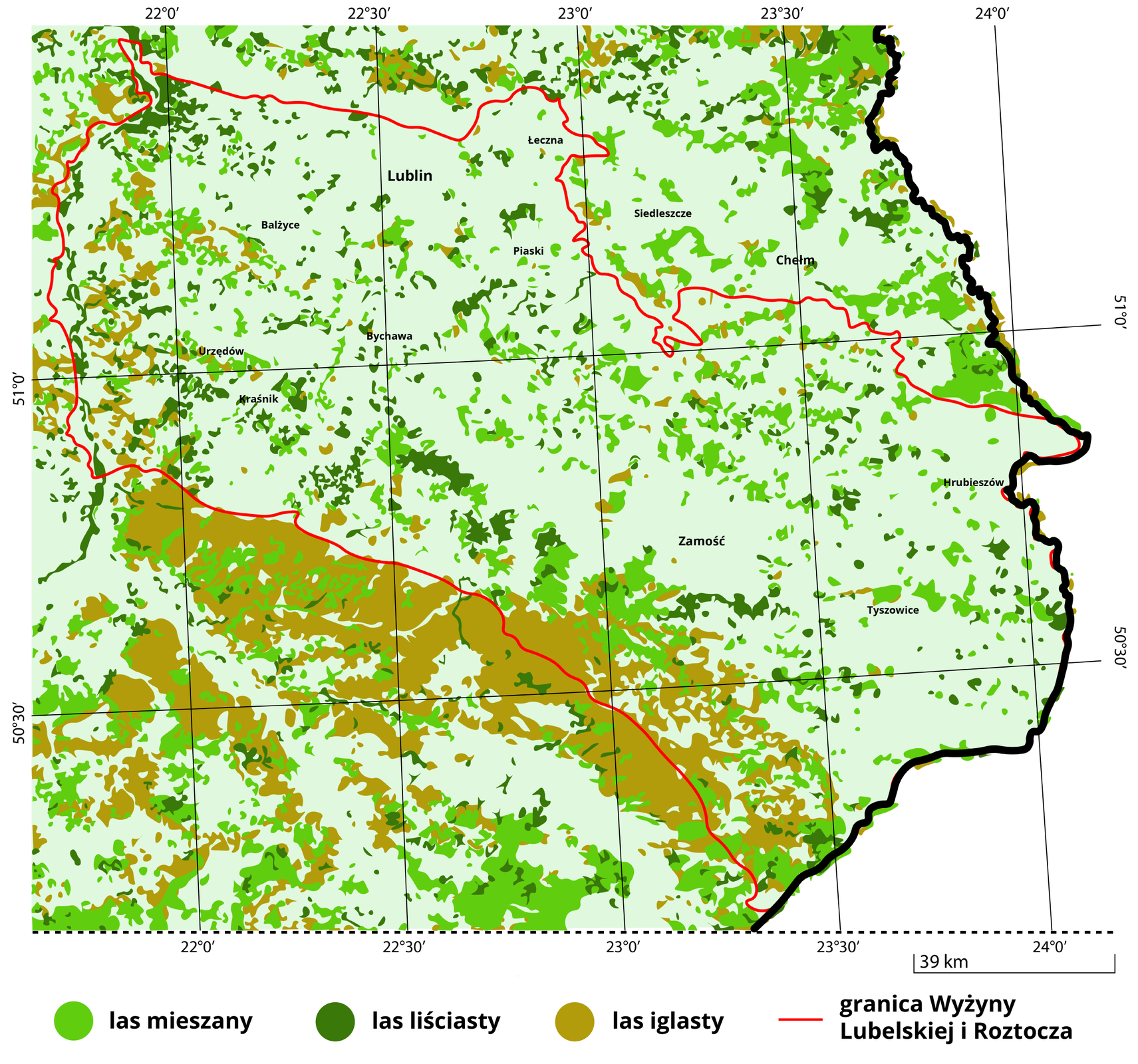 Ilustracja przedstawiająca mapę obszaru Wyżyny Lubelskiej i Roztocza, na której kolorem jasnozielonym oznaczono lasy mieszane, kolorem ciemnozielonym lasy liściaste, a kolorem brązowym lasy iglaste. Na terenie obszary Wyżyny Lubelskiej lasy występują na niewielkim obszarze, są to wyspowe tereny, lasów mieszanych, liściastych i iglastych, na jej całej powierzchni. Większy zalesiony obszar występuje w jej południowo wschodniej części, na obszarze Roztocza i są to obszary porośnięte lasem iglastym. Duże obszary lasu iglastego występują także przy granicy Wyżyny, na południe od niej.