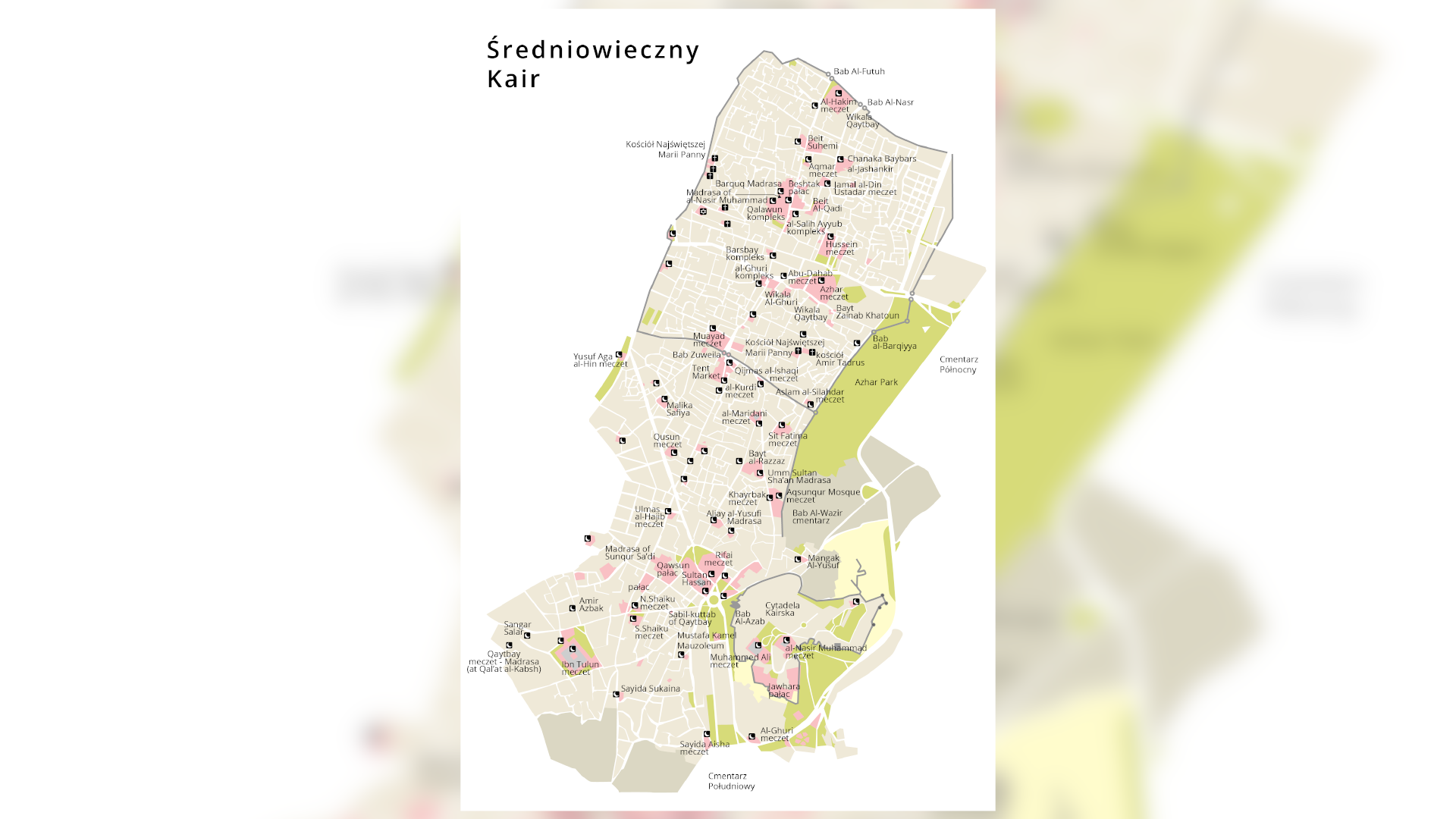 Plan przedstawia średniowieczny Kair. Znajdują się w nim liczne meczety, jest również kilka kościołów i synagog. 