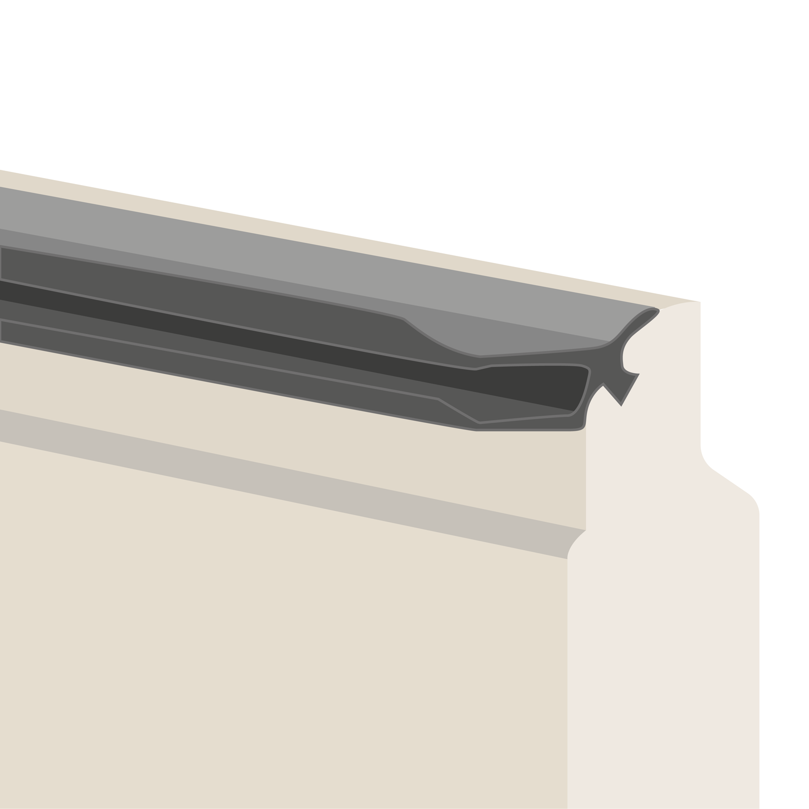 Ilustracja przedstawia dwulistwową uszczelkę górną ściśle dopasowaną do elementu o jasnym kolorze.